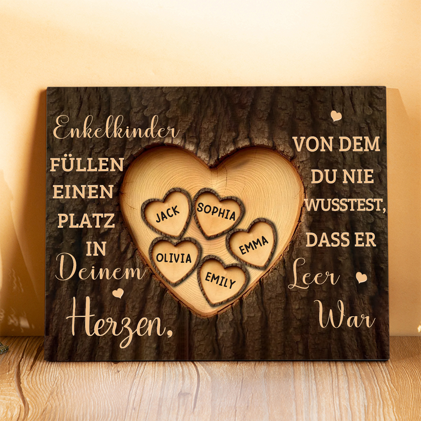 Enkelkinder Holzbild – Personalisierte 5 Namen Doppelherz Holzdekoration Geschenk für Familien