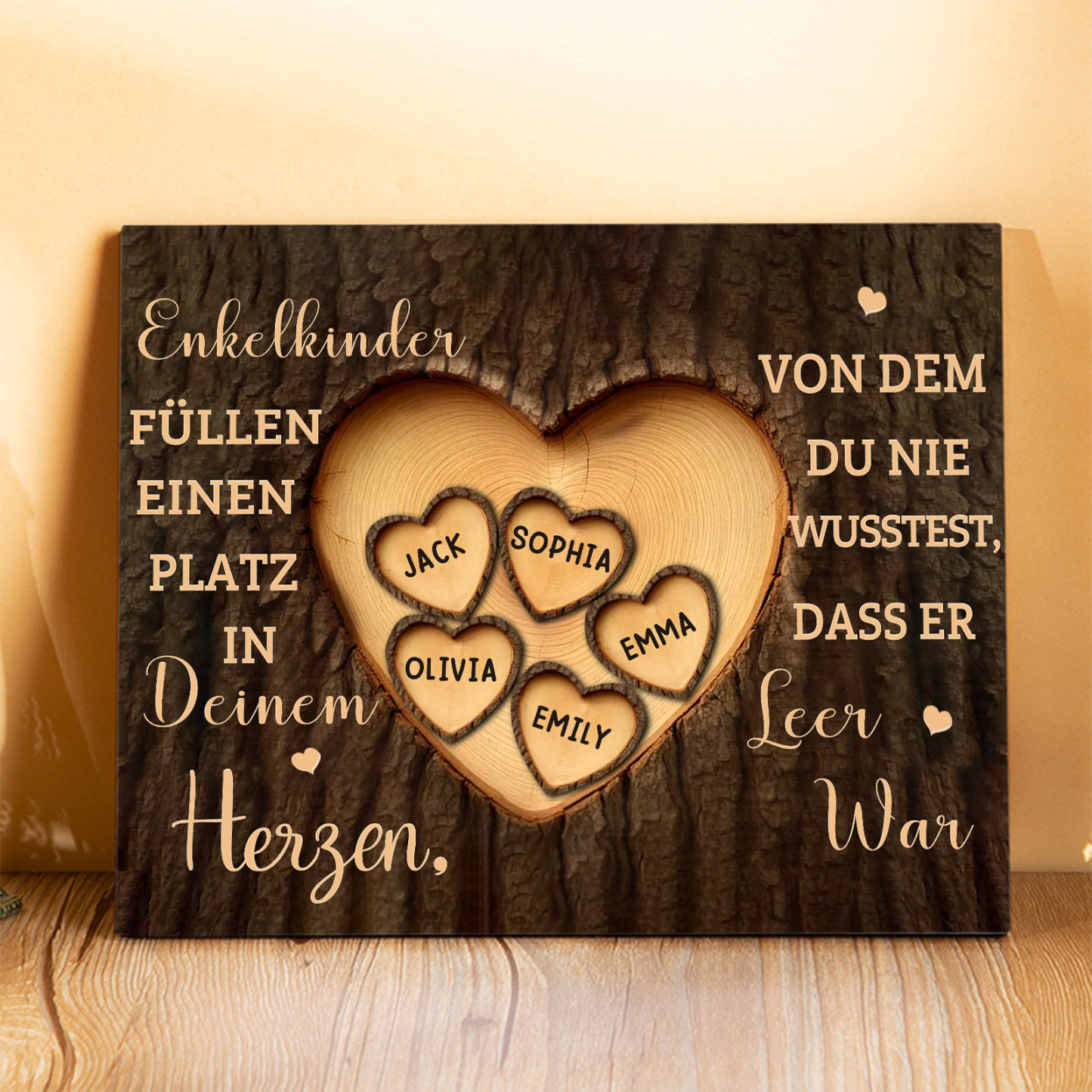 Enkelkinder Holzbild – Personalisierte 5 Namen Doppelherz Holzdekoration Geschenk für Familien