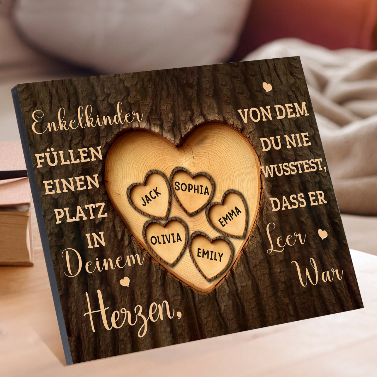 Enkelkinder Holzbild – Personalisierte 5 Namen Doppelherz Holzdekoration Geschenk für Familien