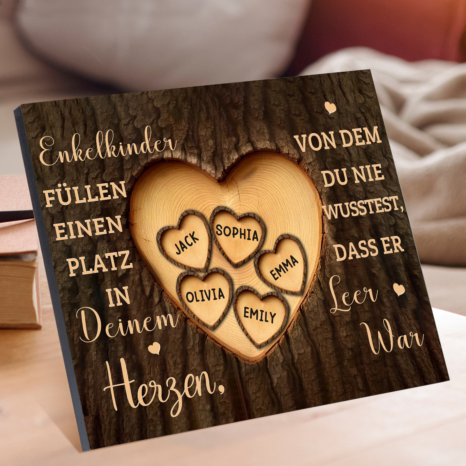 Enkelkinder Holzbild – Personalisierte 5 Namen Doppelherz Holzdekoration Geschenk für Familien