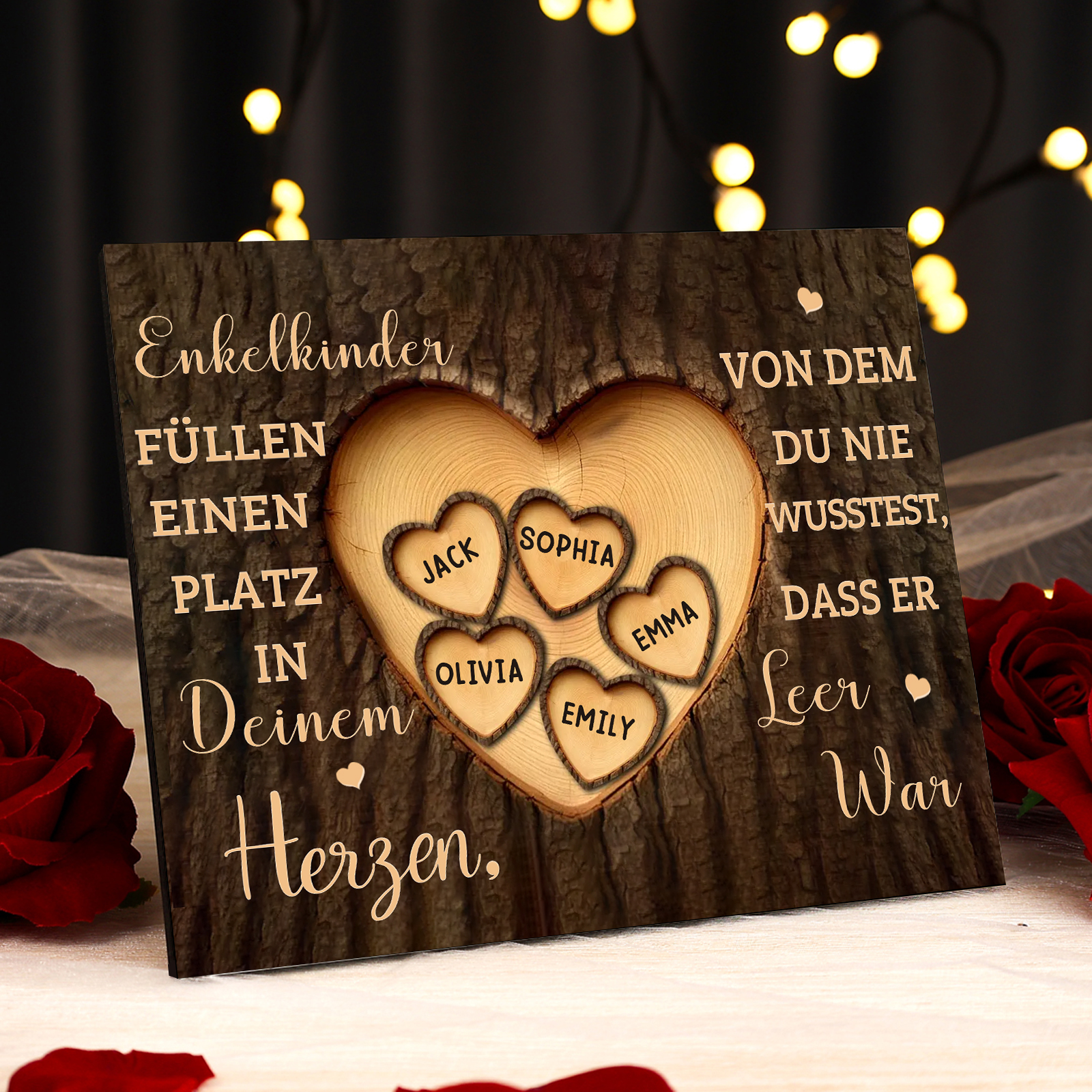 Enkelkinder Holzbild – Personalisierte 5 Namen Doppelherz Holzdekoration Geschenk für Familien