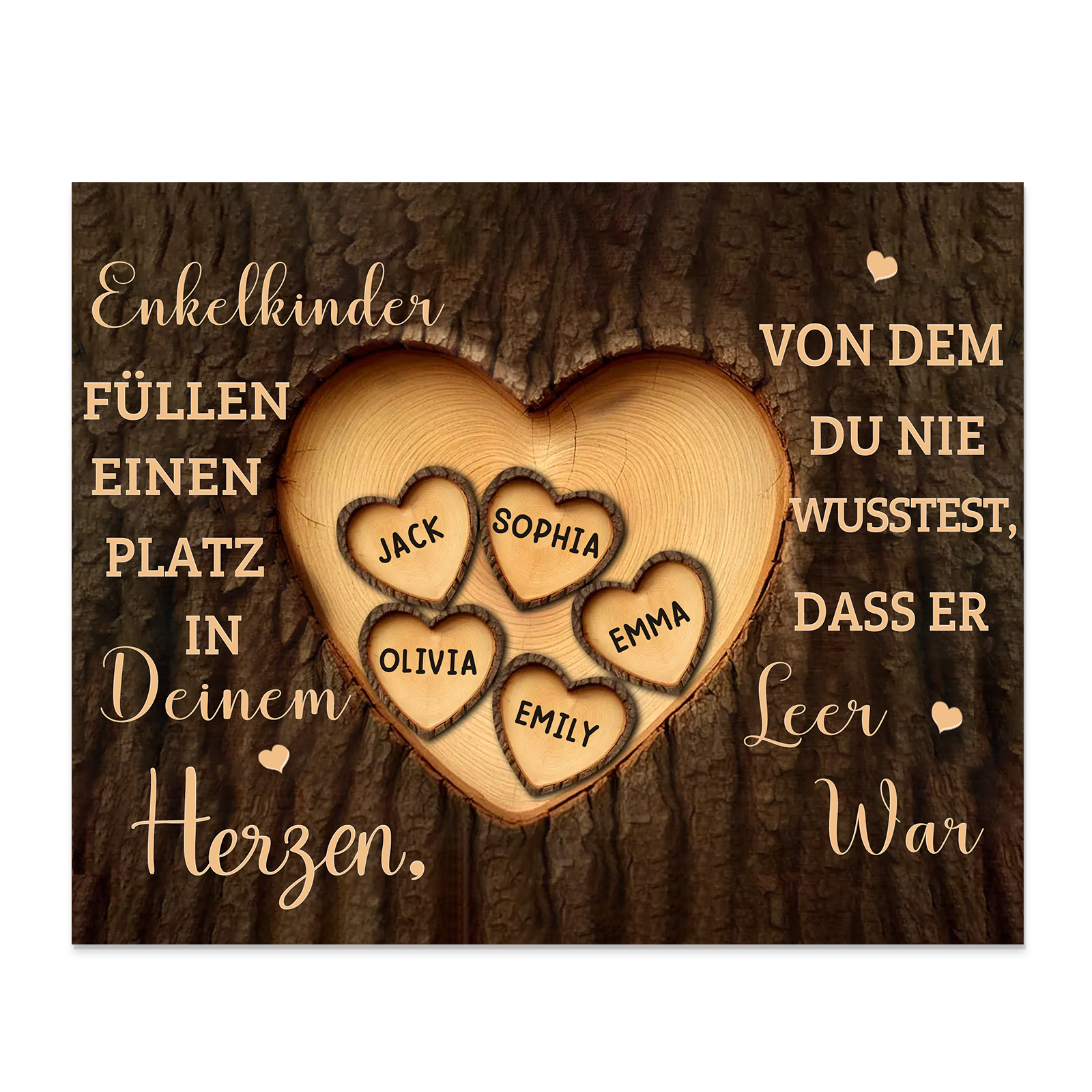 Enkelkinder Holzbild – Personalisierte 5 Namen Doppelherz Holzdekoration Geschenk für Familien