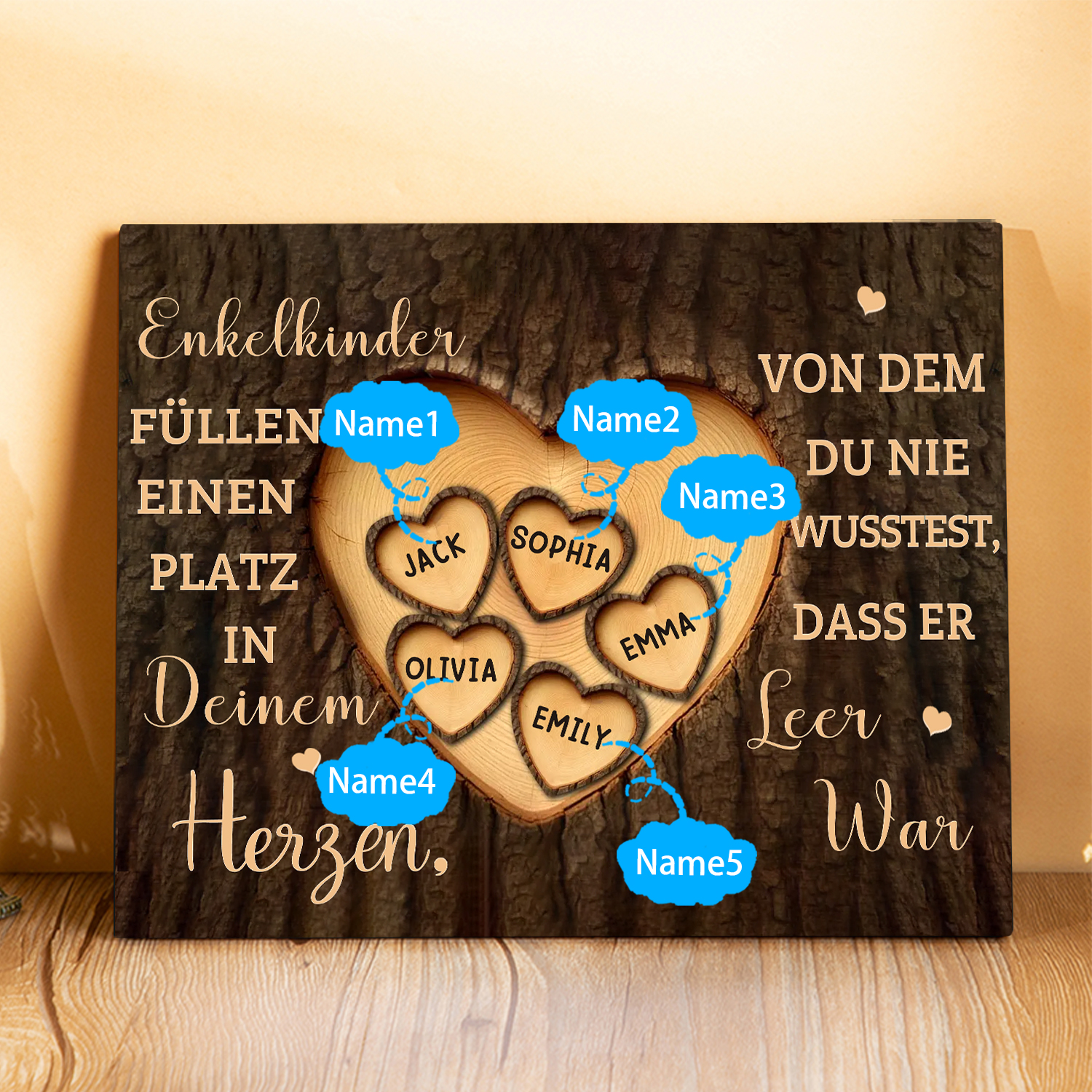 Enkelkinder Holzbild – Personalisierte 5 Namen Doppelherz Holzdekoration Geschenk für Familien