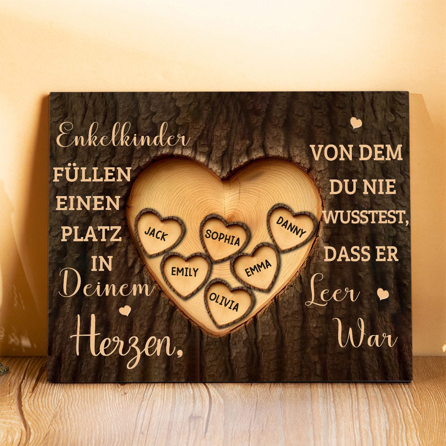 Enkelkinder Holzbild – Personalisierte 6 Namen Doppelherz Holzdekoration Geschenk für Familien