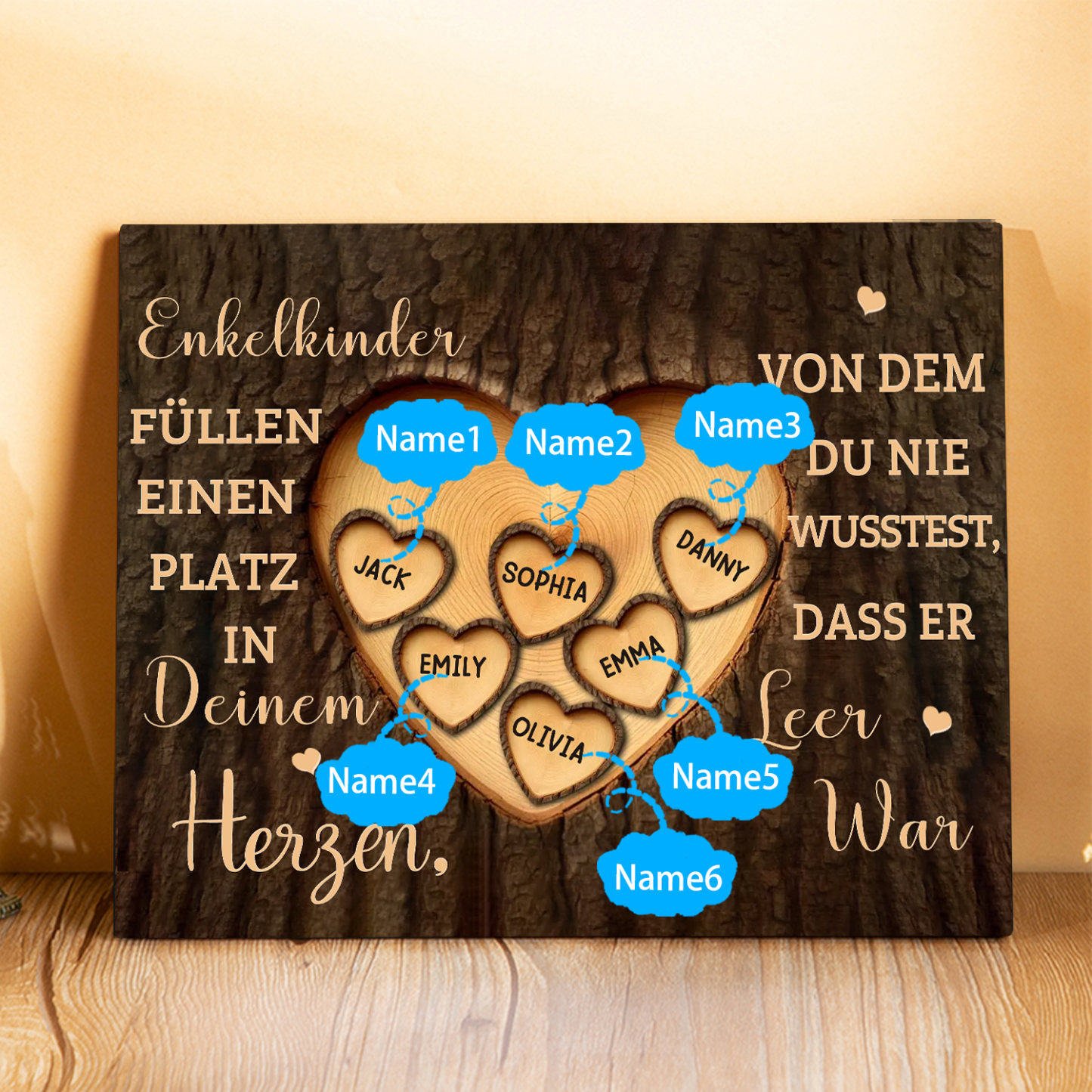 Enkelkinder Holzbild – Personalisierte 6 Namen Doppelherz Holzdekoration Geschenk für Familien