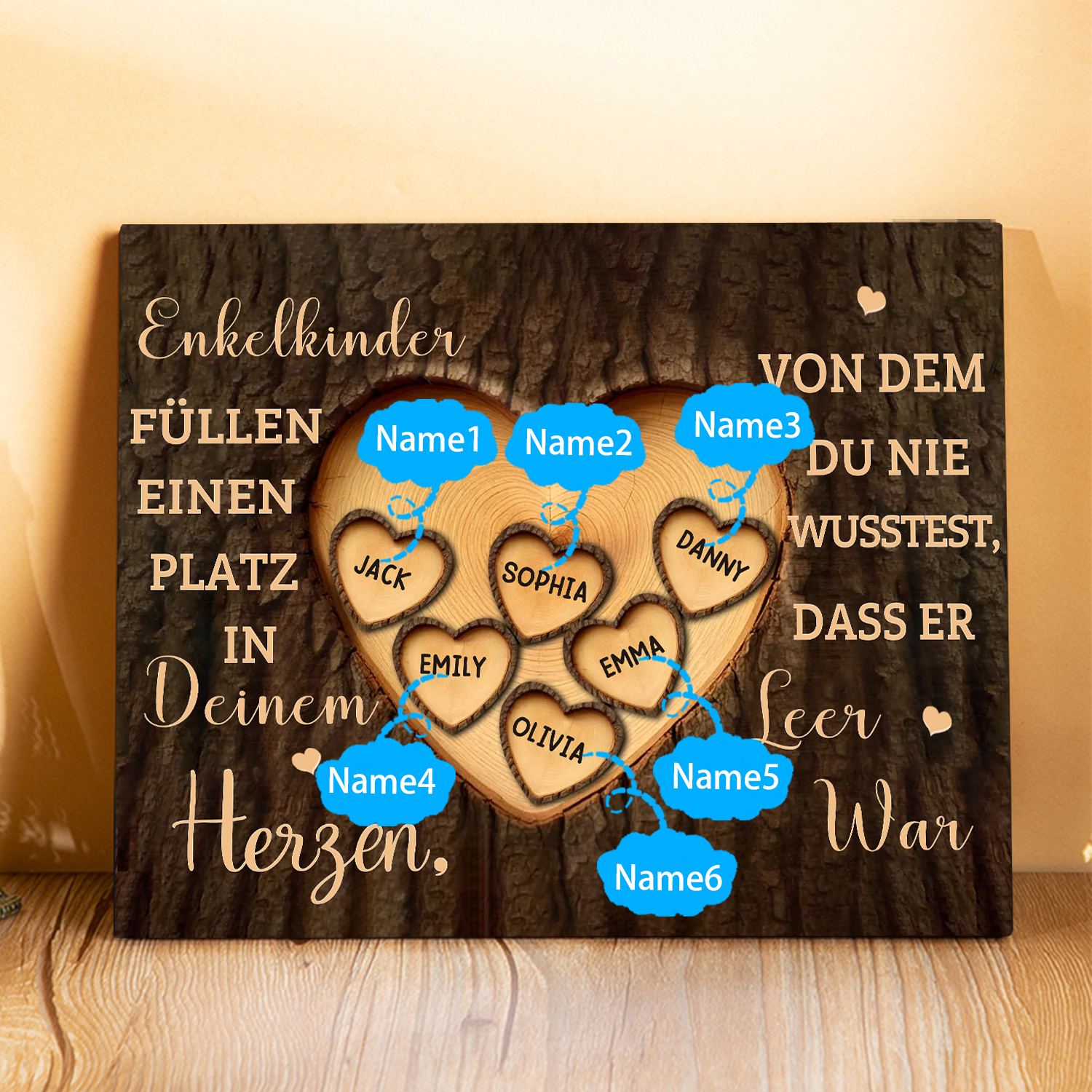 Enkelkinder Holzbild – Personalisierte 6 Namen Doppelherz Holzdekoration Geschenk für Familien