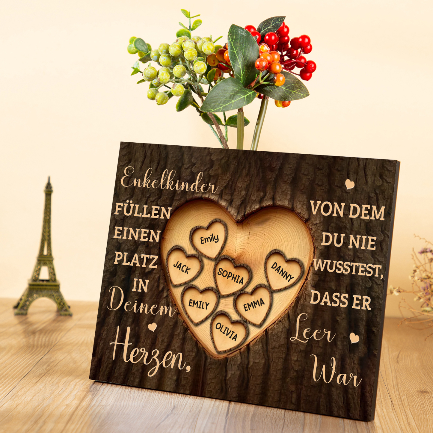 Enkelkinder Holzbild – Personalisierte 7 Namen Doppelherz Holzdekoration Geschenk für Familien