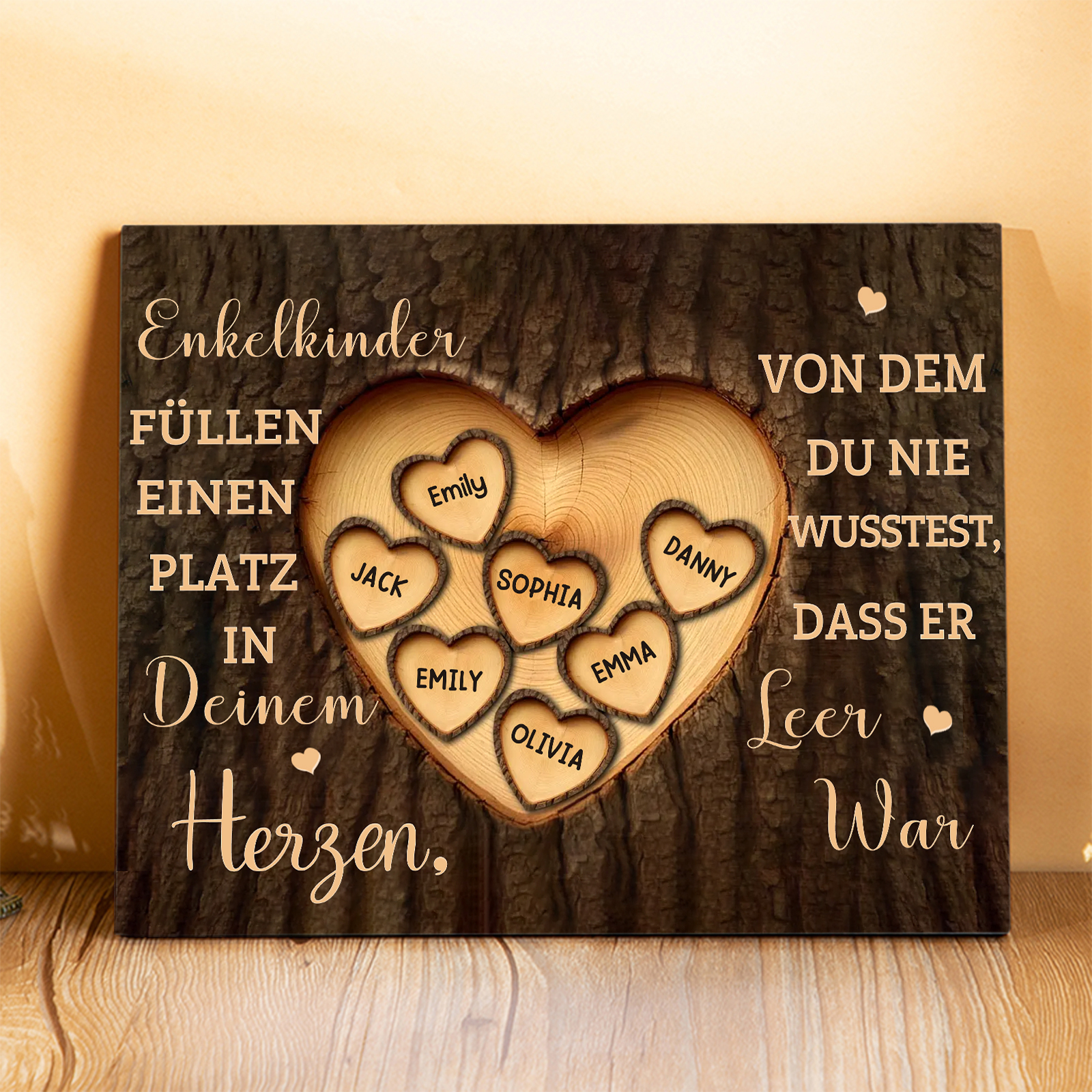 Enkelkinder Holzbild – Personalisierte 7 Namen Doppelherz Holzdekoration Geschenk für Familien