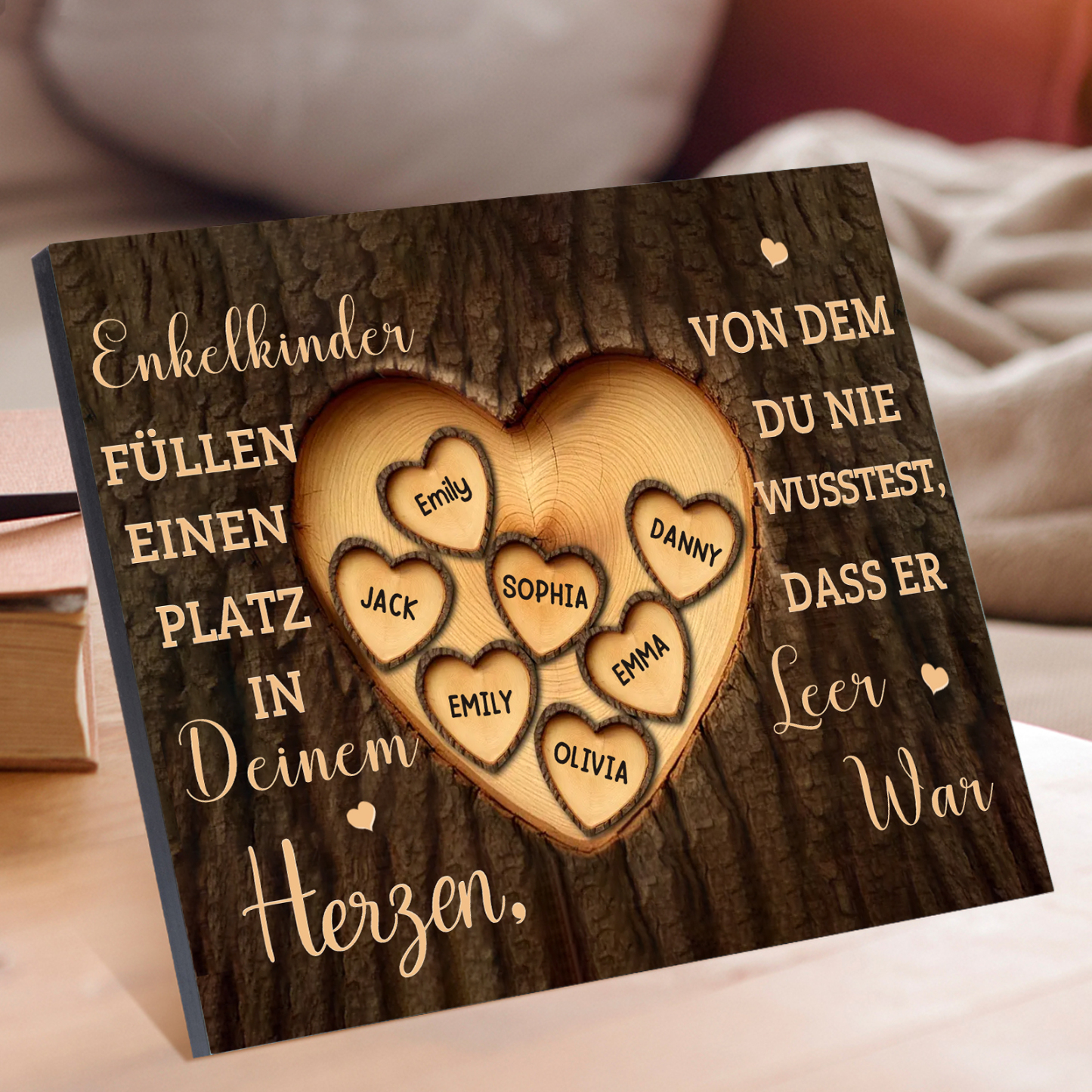 Enkelkinder Holzbild – Personalisierte 7 Namen Doppelherz Holzdekoration Geschenk für Familien