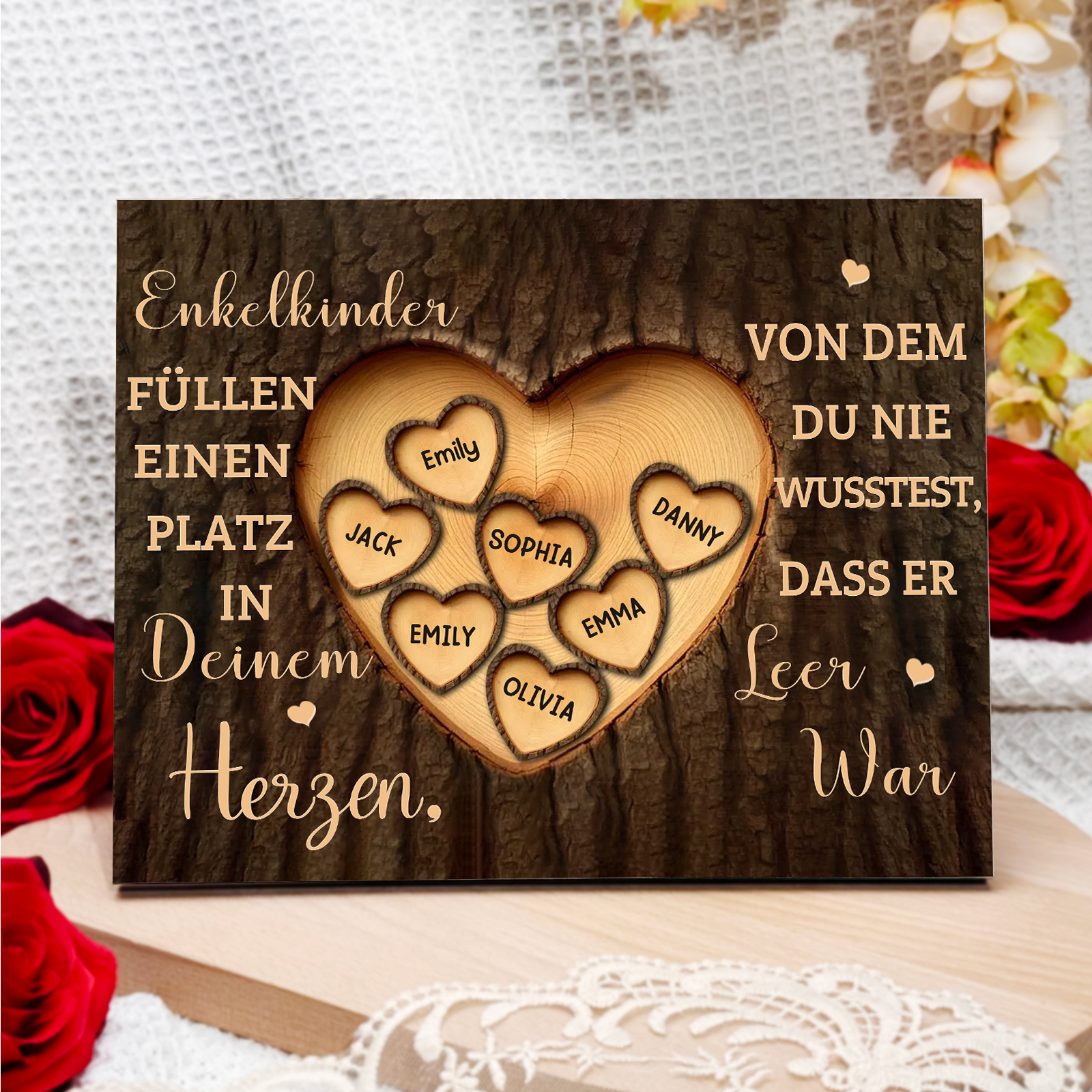 Enkelkinder Holzbild – Personalisierte 7 Namen Doppelherz Holzdekoration Geschenk für Familien