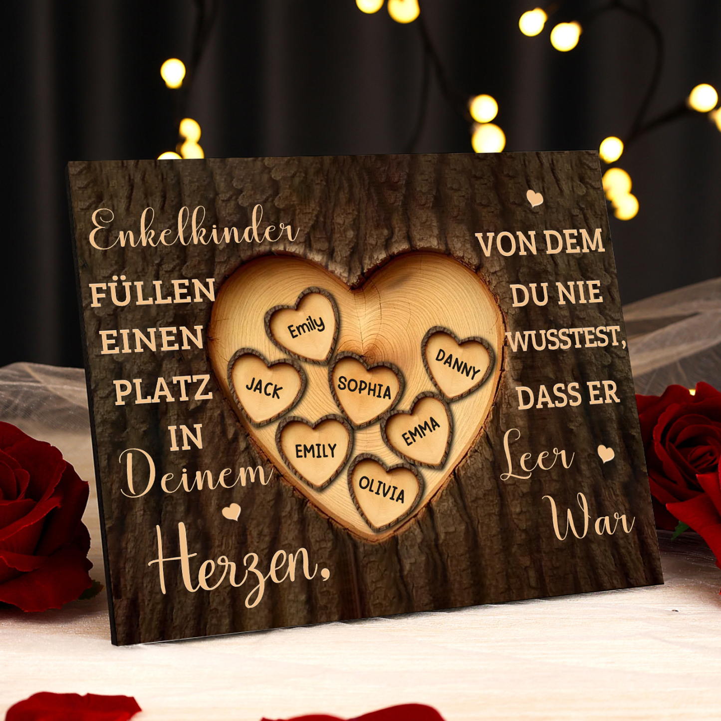 Enkelkinder Holzbild – Personalisierte 7 Namen Doppelherz Holzdekoration Geschenk für Familien