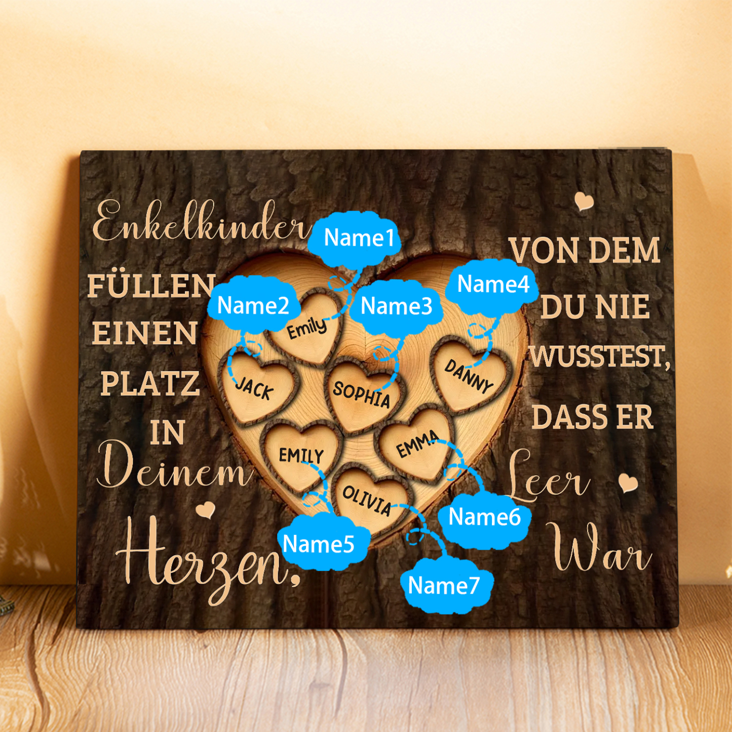 Enkelkinder Holzbild – Personalisierte 7 Namen Doppelherz Holzdekoration Geschenk für Familien