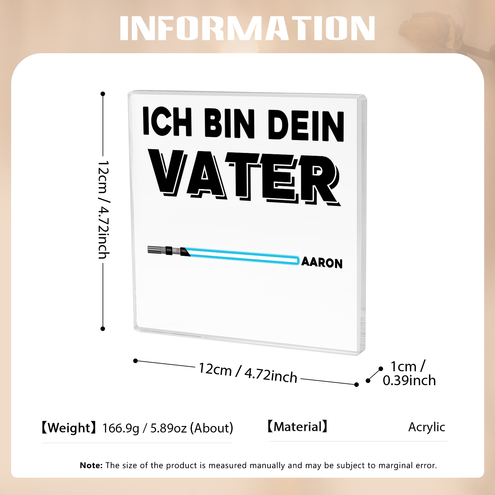 Quadrat Acryl-Deko Personalisierte mit 1 Name & 1 Text  Schreibtischdekoration für Vater