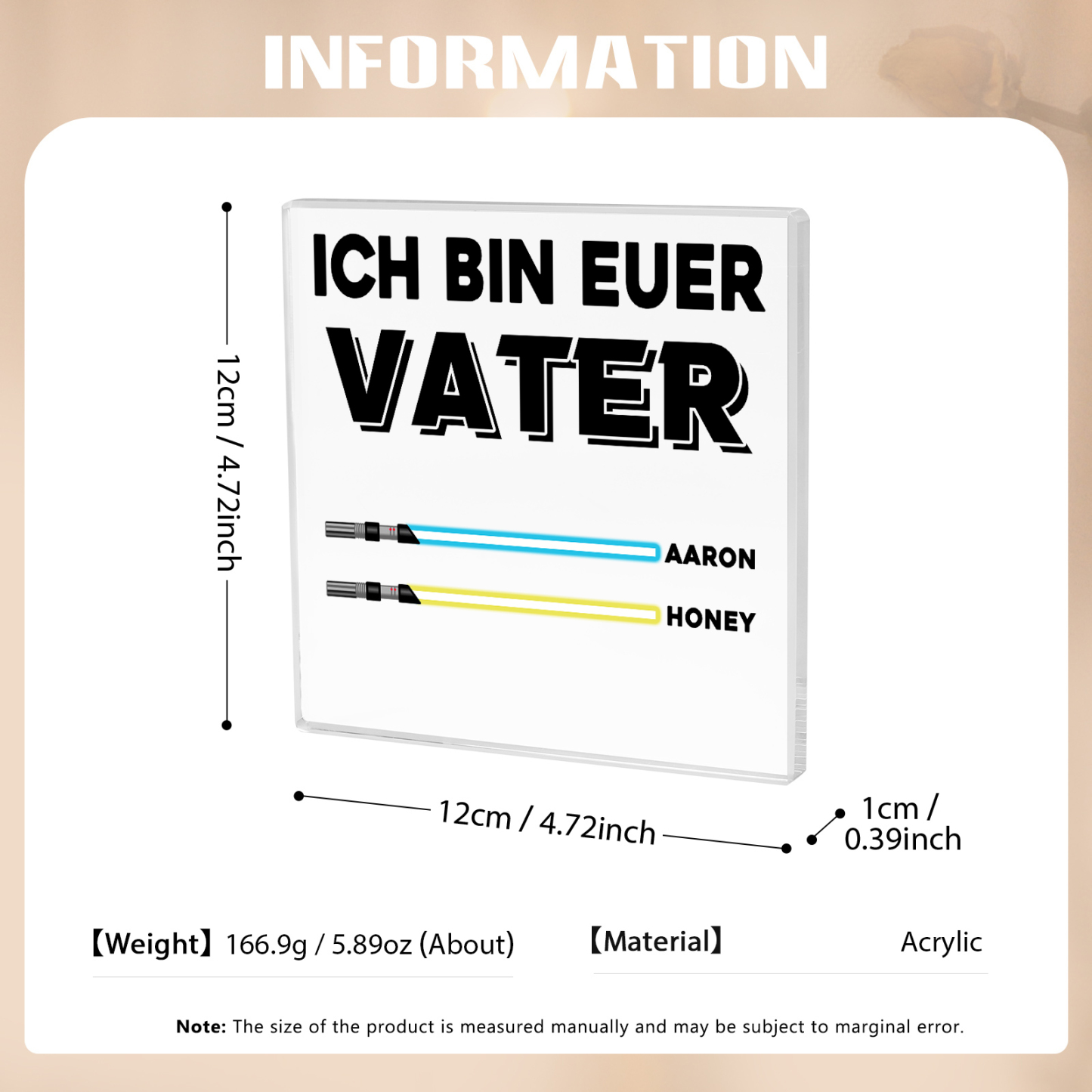 Quadrat Acryl-Deko Personalisierte mit 2 Name & 1 Text  Schreibtischdekoration für Vater