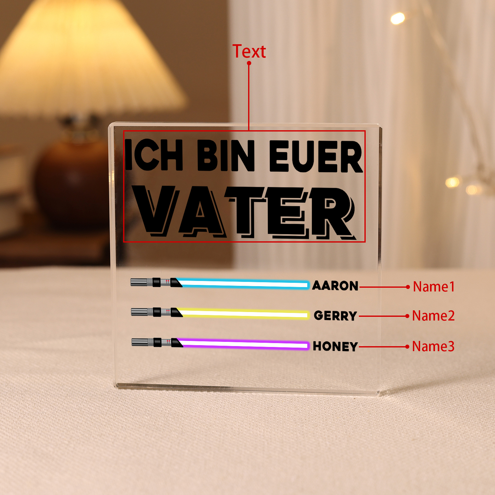 Quadrat Acryl-Deko Personalisierte mit 3 Name & 1 Text  Schreibtischdekoration für Vater