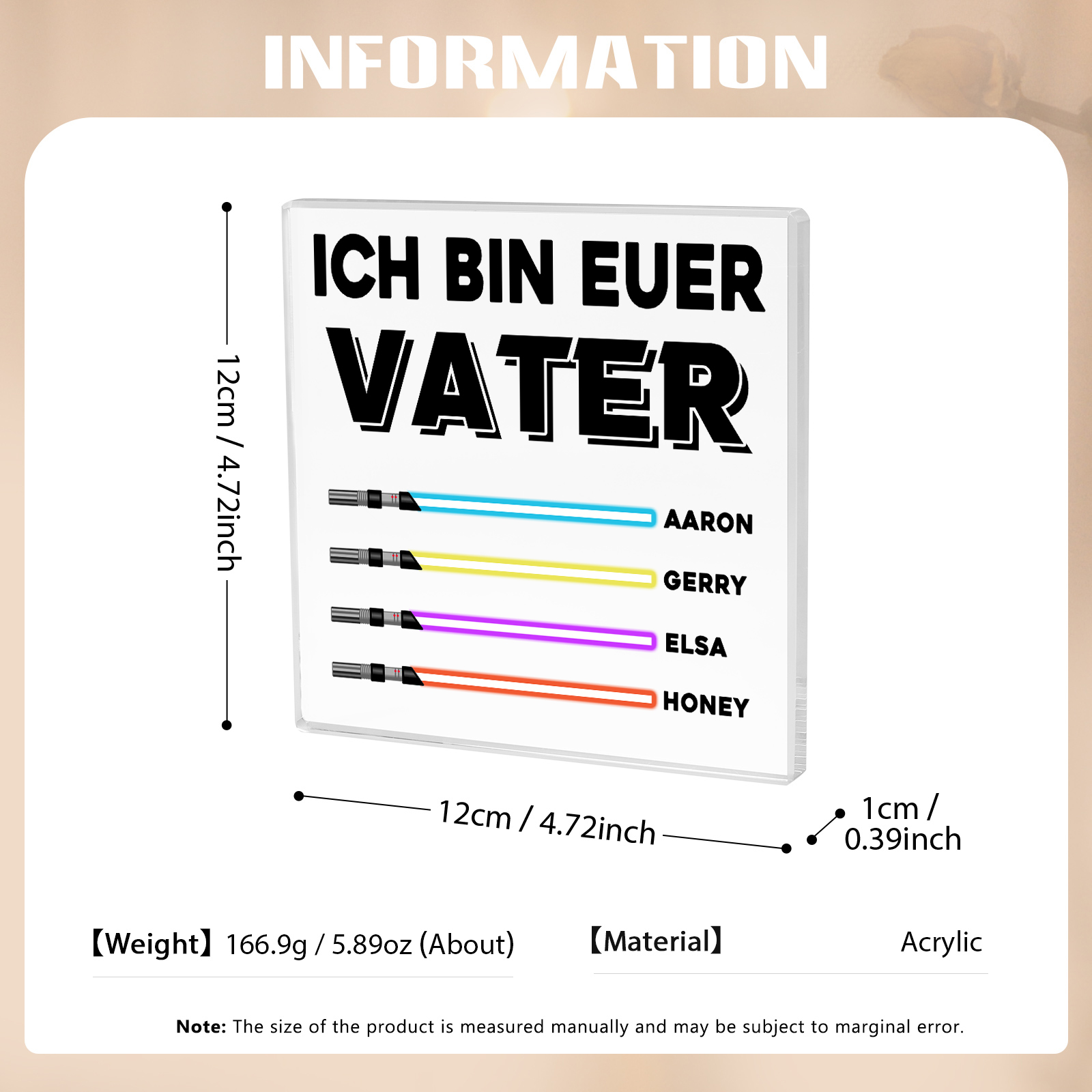 Quadrat Acryl-Deko Personalisierte mit 4 Name & 1 Text  Schreibtischdekoration für Vater
