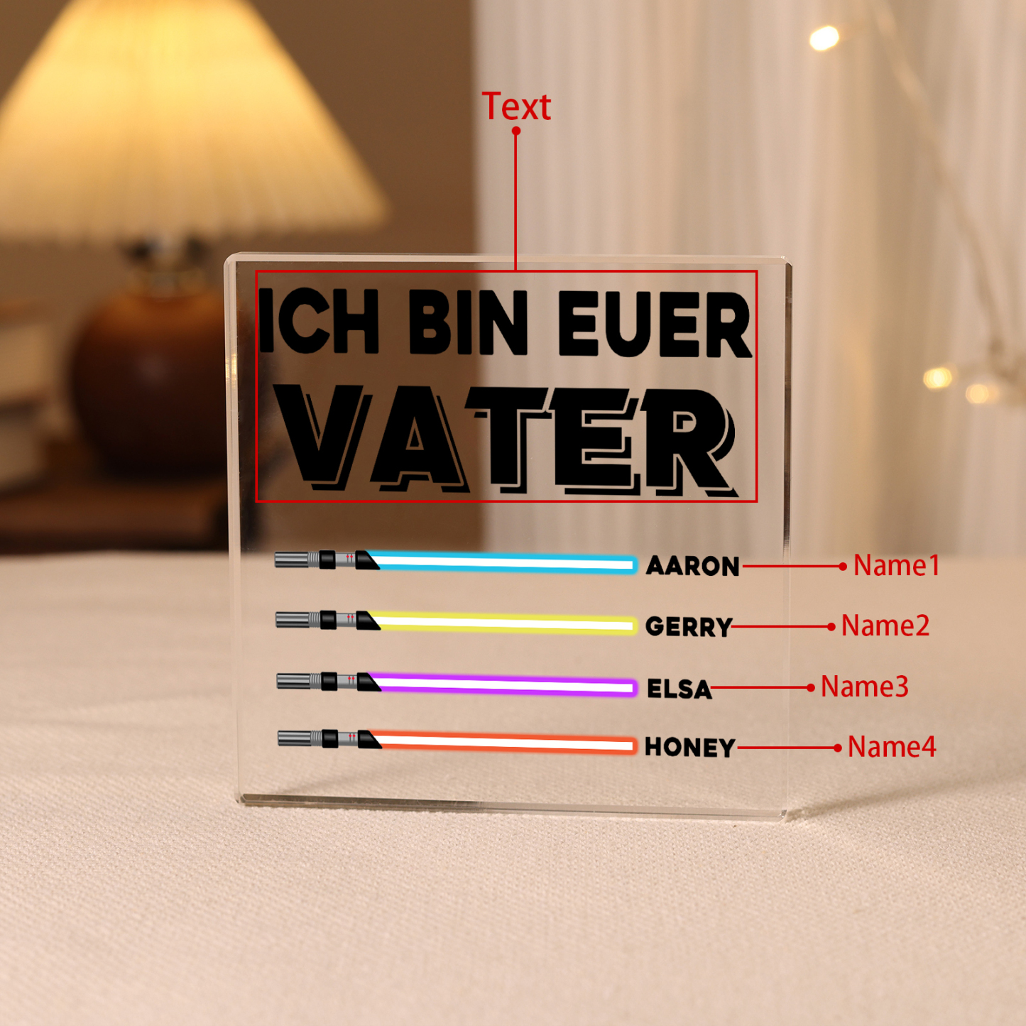 Quadrat Acryl-Deko Personalisierte mit 4 Name & 1 Text Schreibtischdekoration für Vater