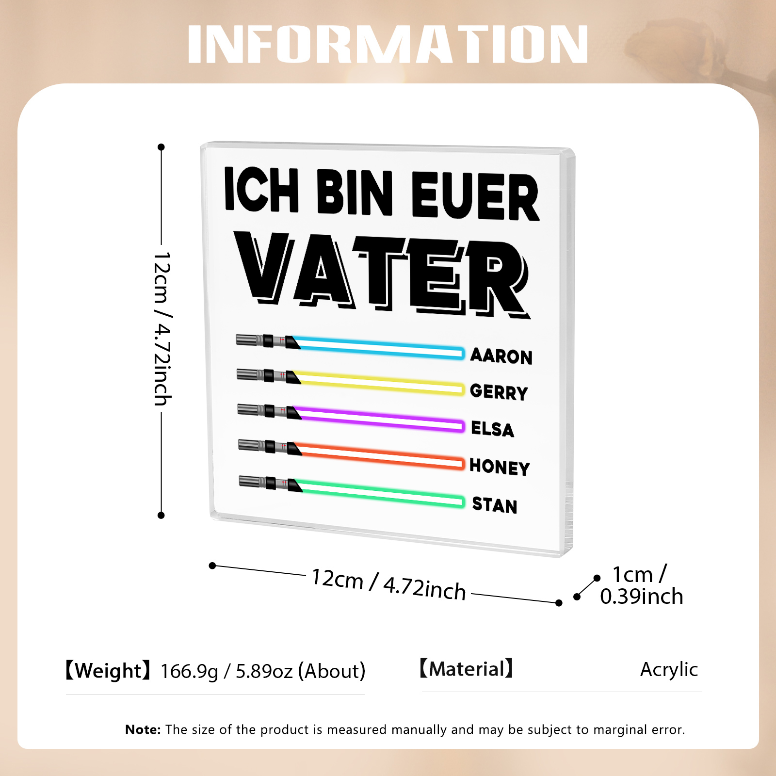 Quadrat Acryl-Deko Personalisierte mit 5 Name & 1 Text  Schreibtischdekoration für Vater