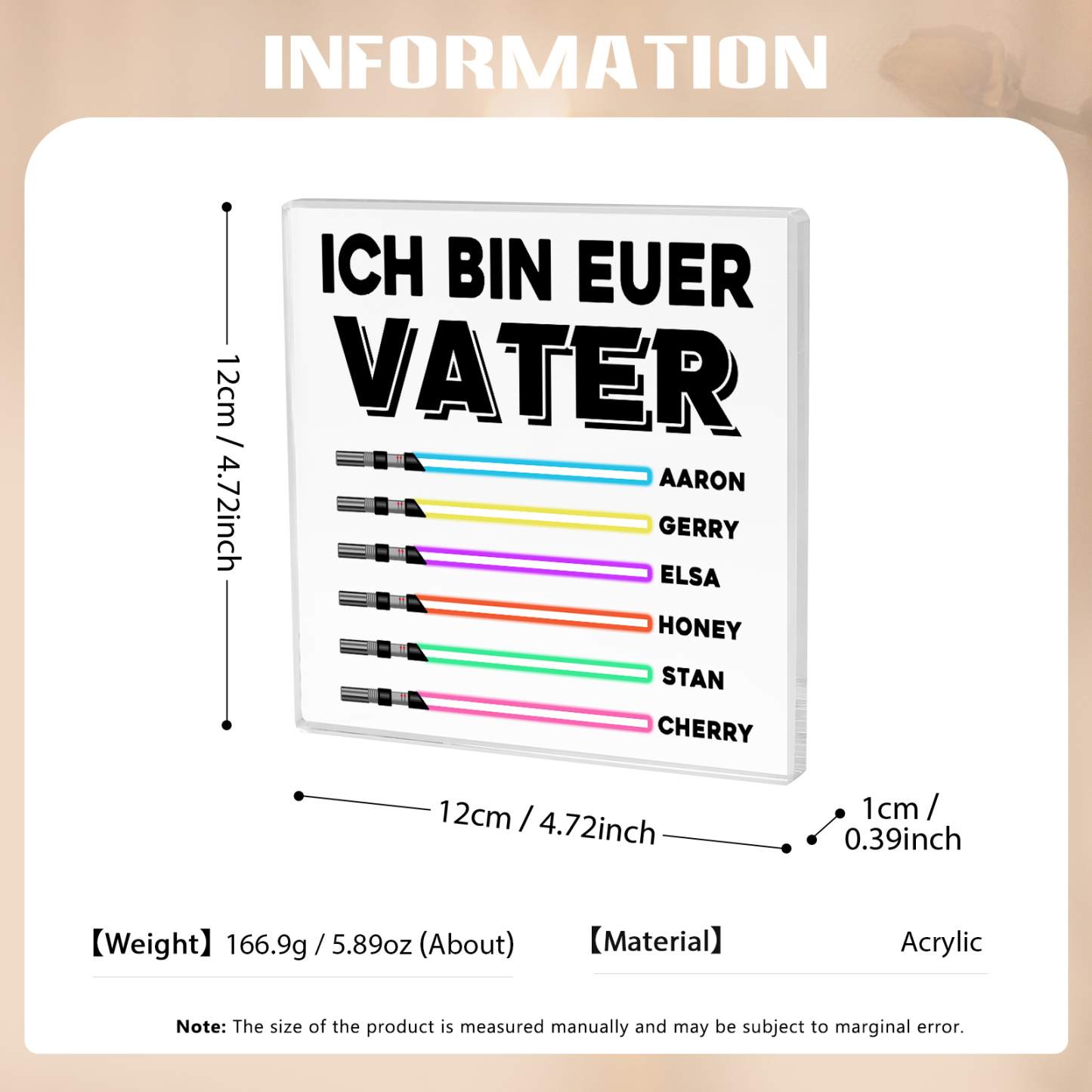 Quadrat Acryl-Deko Personalisierte mit 6 Name & 1 Text Schreibtischdekoration für Vater