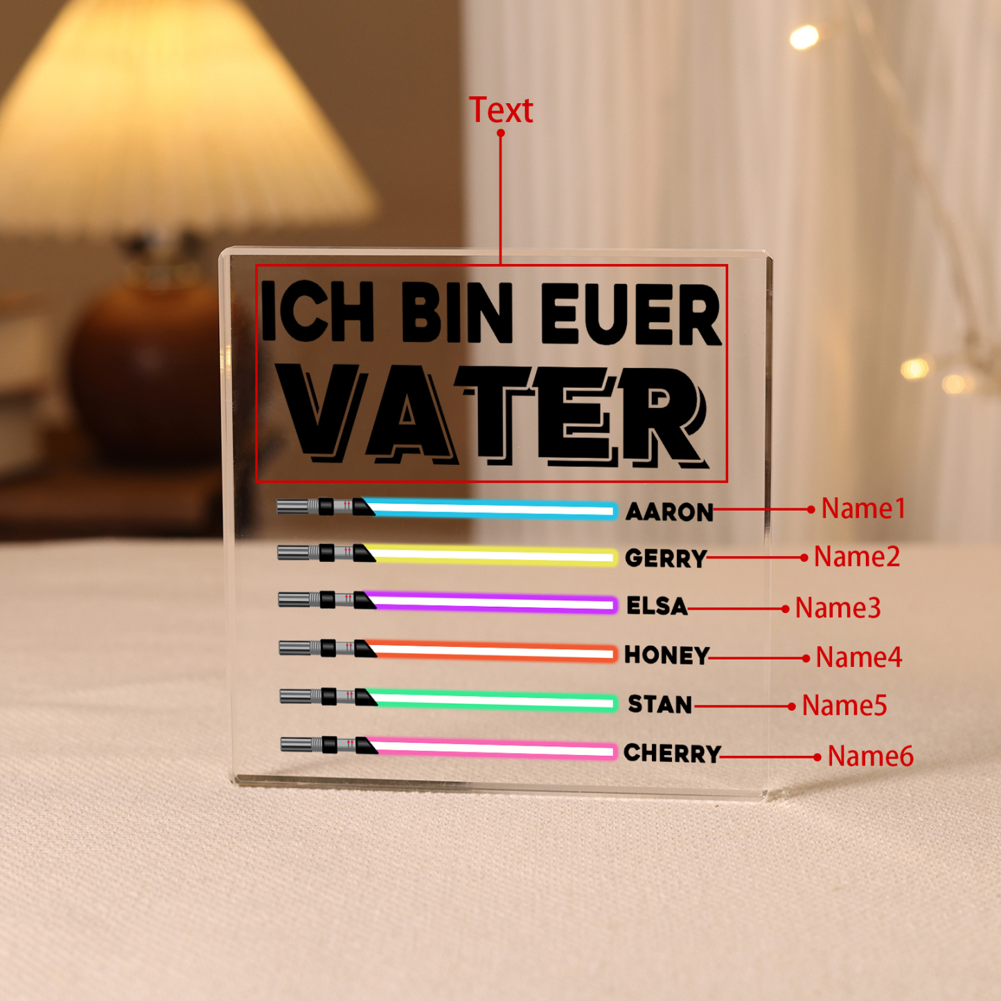 Quadrat Acryl-Deko Personalisierte mit 6 Name & 1 Text Schreibtischdekoration für Vater