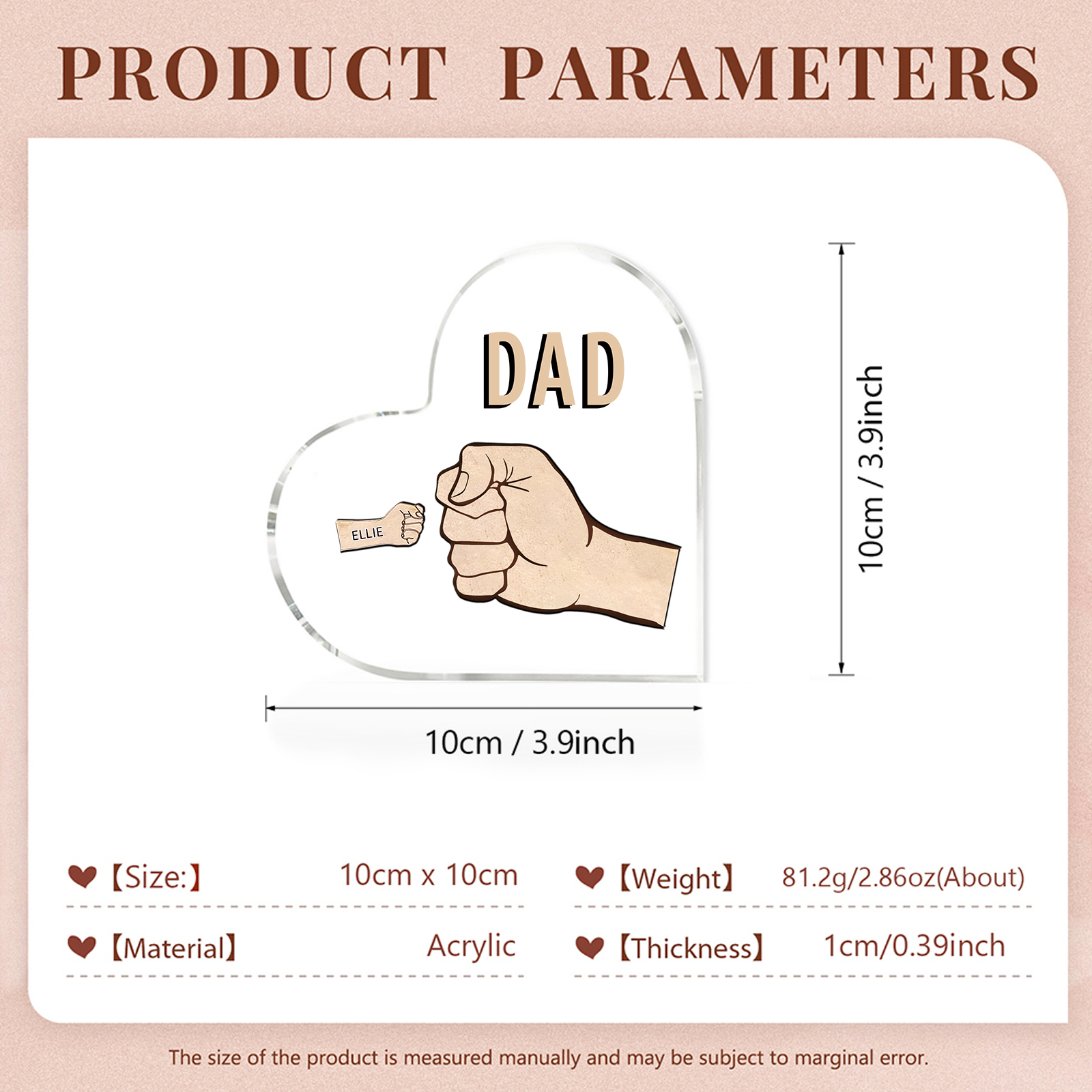 Personalisierte 1 Name & Text Acryl-Deko mit Faust Herz Schreibtischdekoration für Vater/Großvater