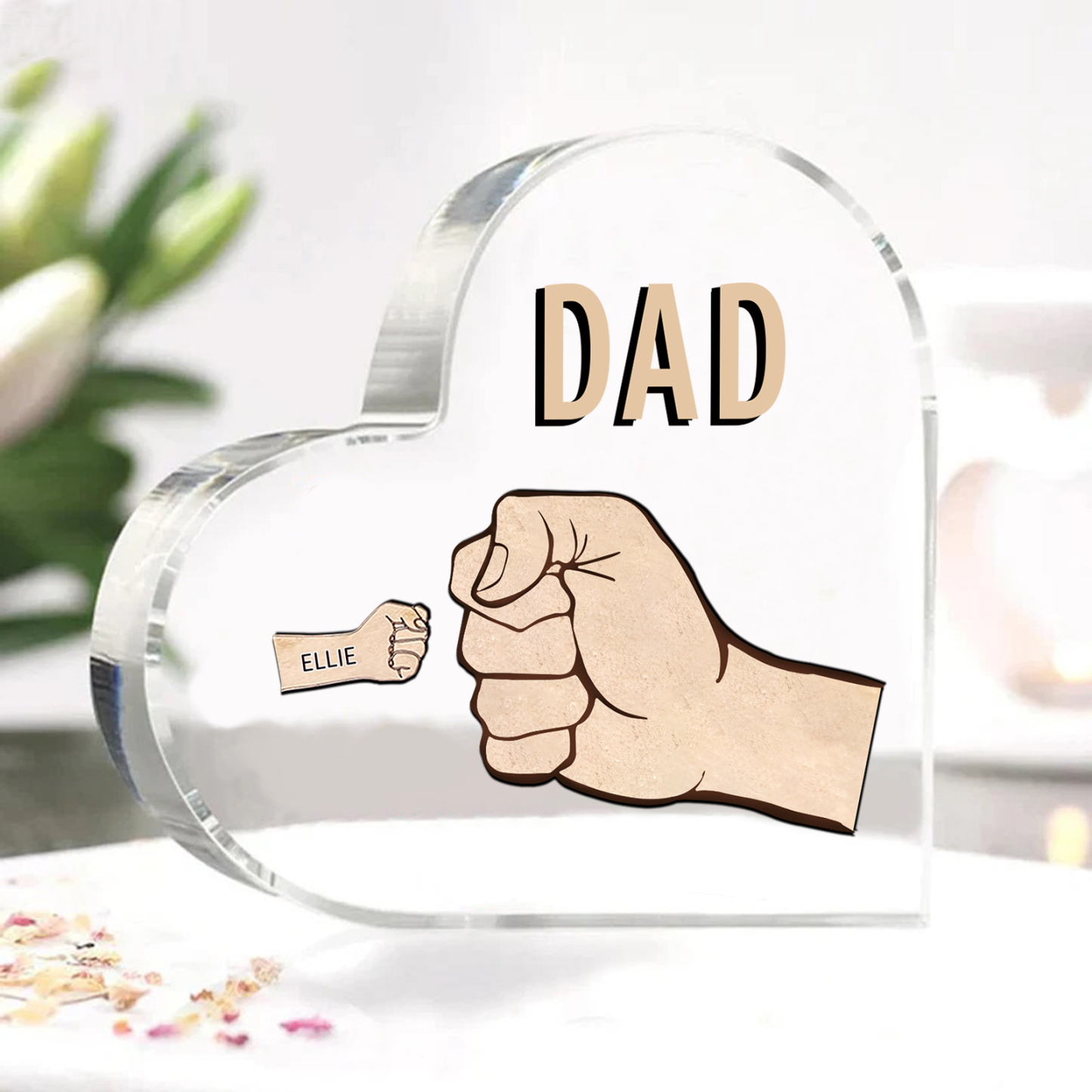Personalisierte 1 Name & Text Acryl-Deko mit Faust Herz Schreibtischdekoration für Vater/Großvater