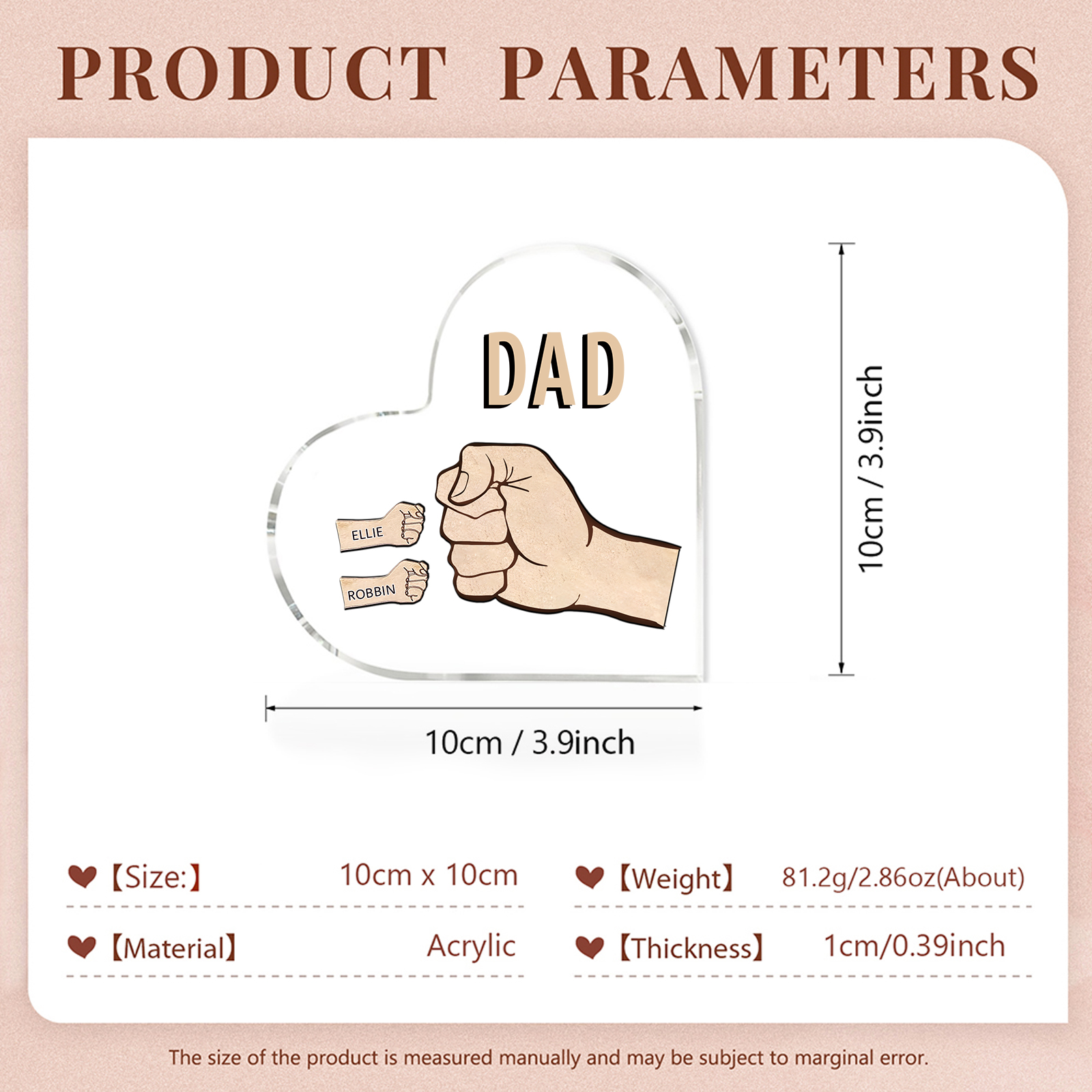 Personalisierte 2 Namen & Text Acryl-Deko mit Faust Herz Schreibtischdekoration für Vater/Großvater