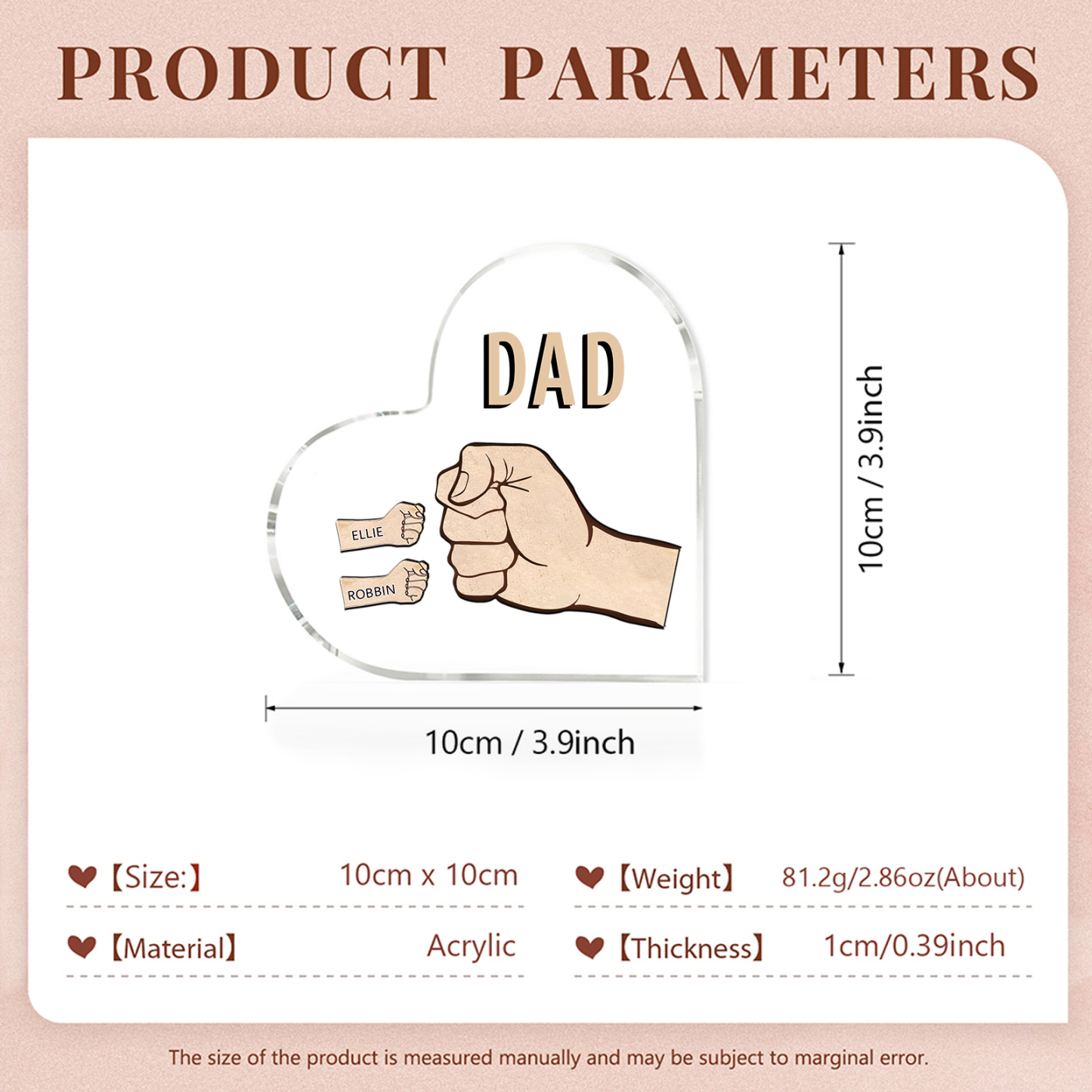 Personalisierte 2 Namen & Text Acryl-Deko mit Faust Herz Schreibtischdekoration für Vater/Großvater