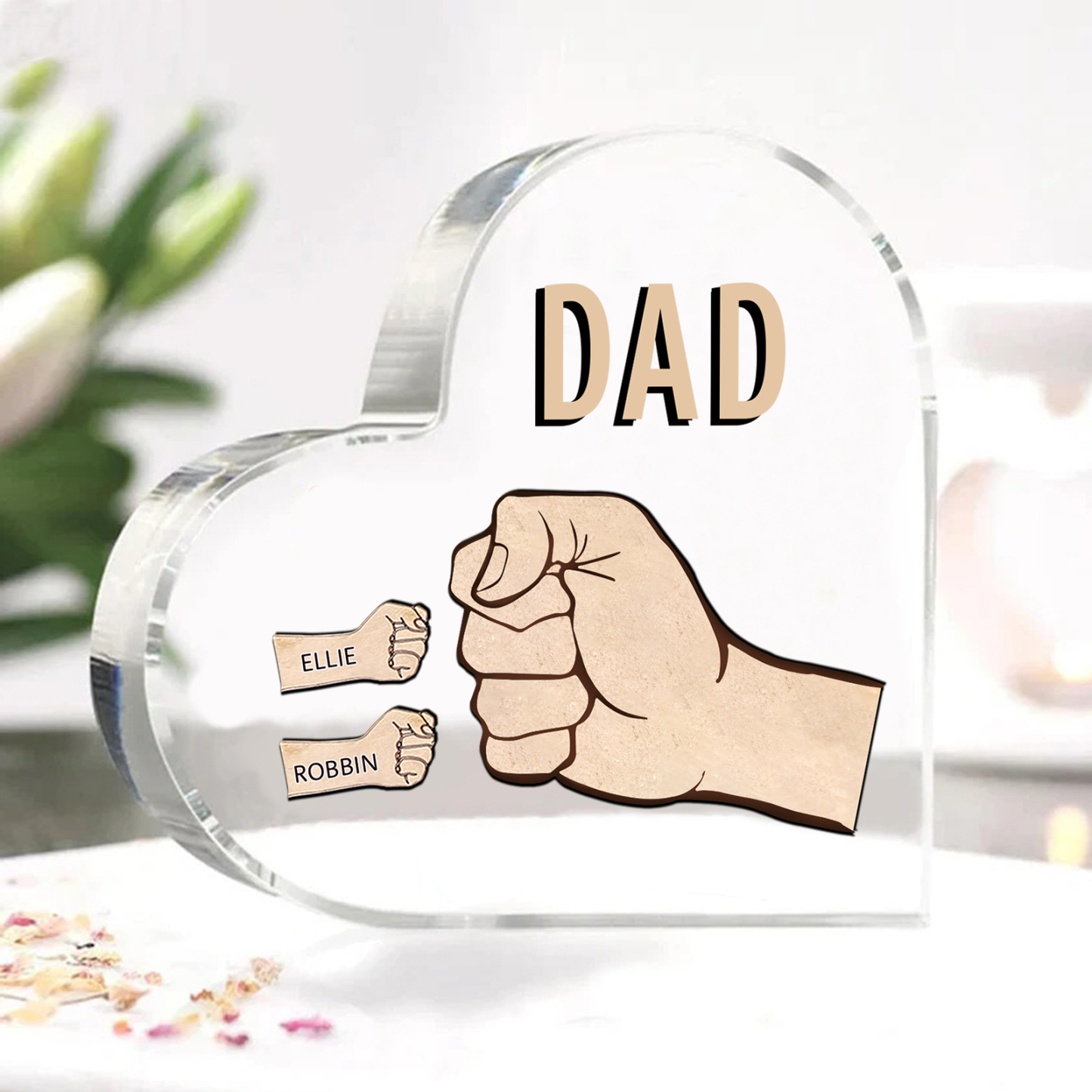 Personalisierte 2 Namen & Text Acryl-Deko mit Faust Herz Schreibtischdekoration für Vater/Großvater