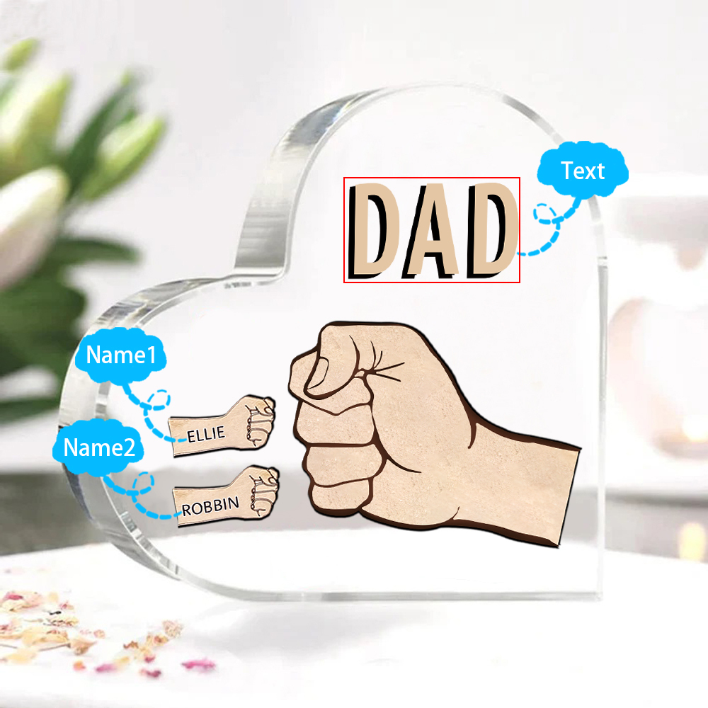 Personalisierte 2 Namen & Text Acryl-Deko mit Faust Herz Schreibtischdekoration für Vater/Großvater