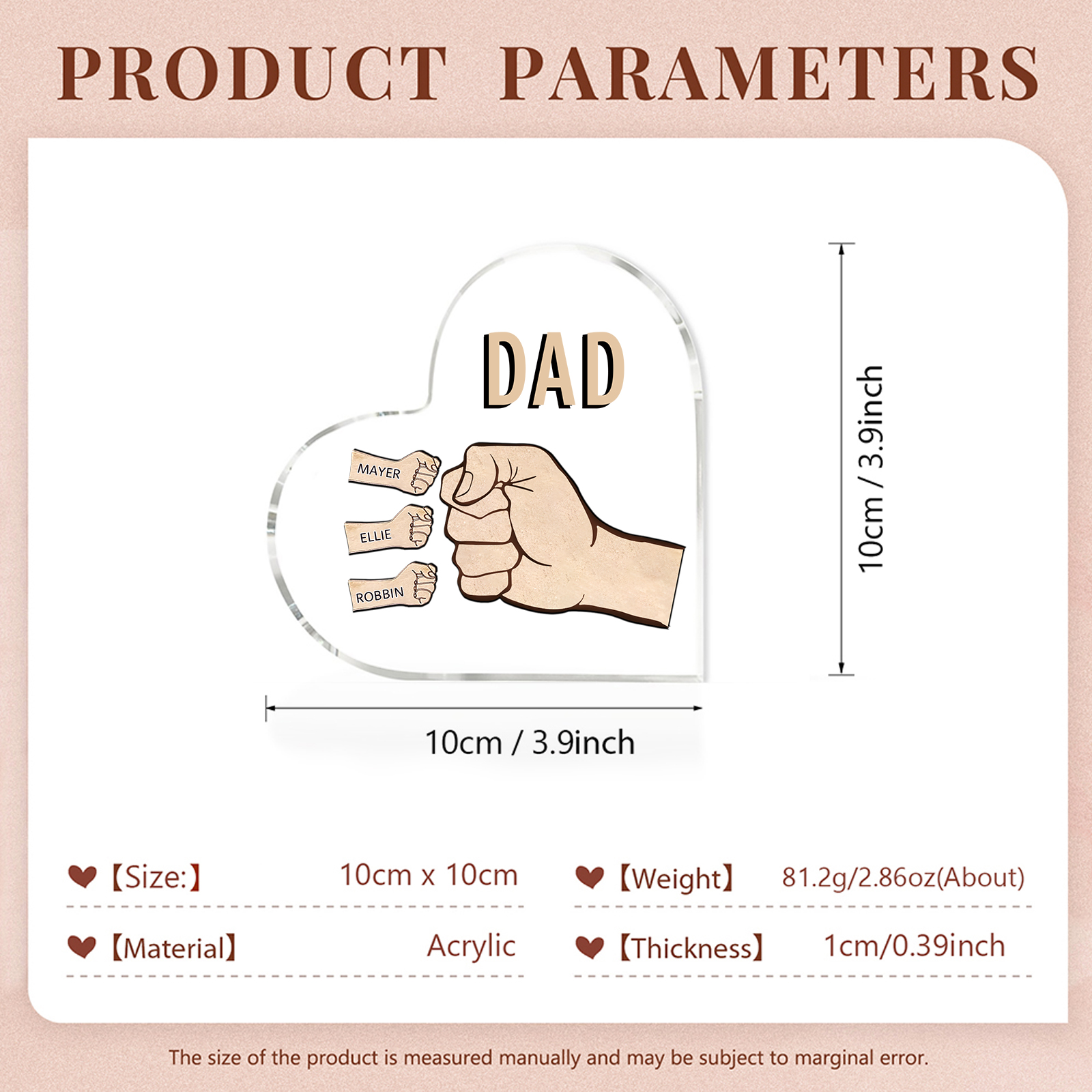 Personalisierte 3 Namen & Text Acryl-Deko mit Faust Herz Schreibtischdekoration für Vater/Großvater