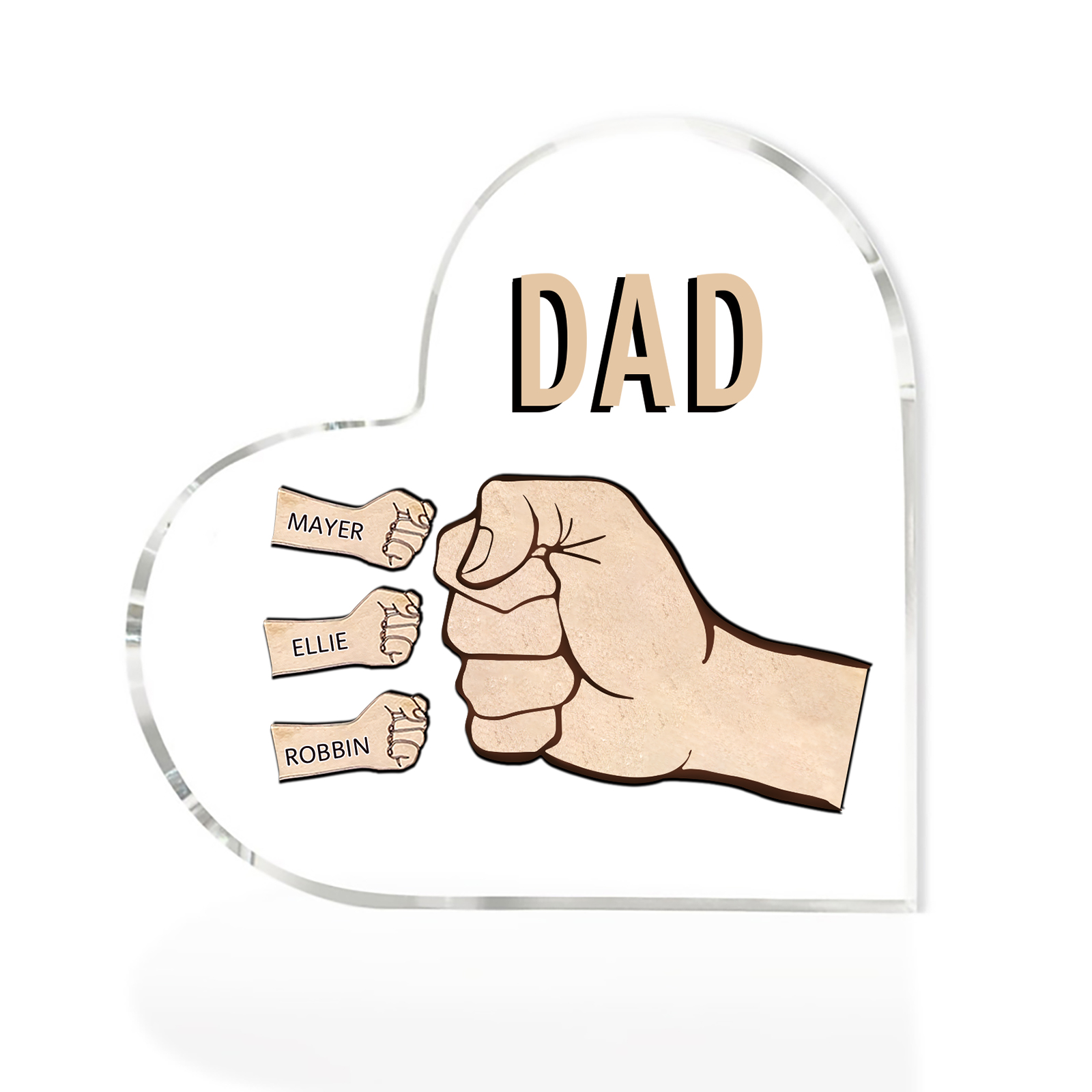 Personalisierte 3 Namen & Text Acryl-Deko mit Faust Herz Schreibtischdekoration für Vater/Großvater