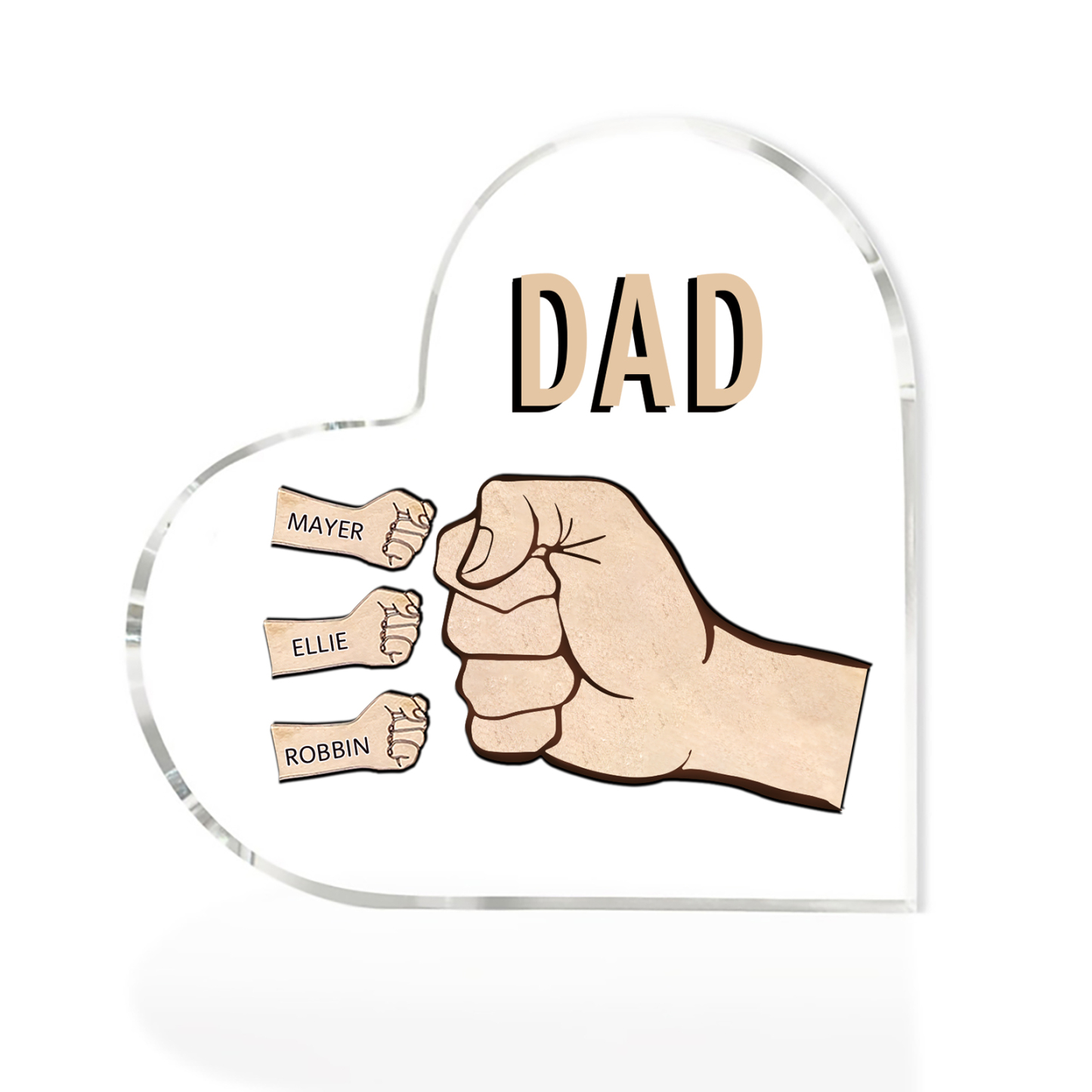 Personalisierte 3 Namen & Text Acryl-Deko mit Faust Herz Schreibtischdekoration für Vater/Großvater