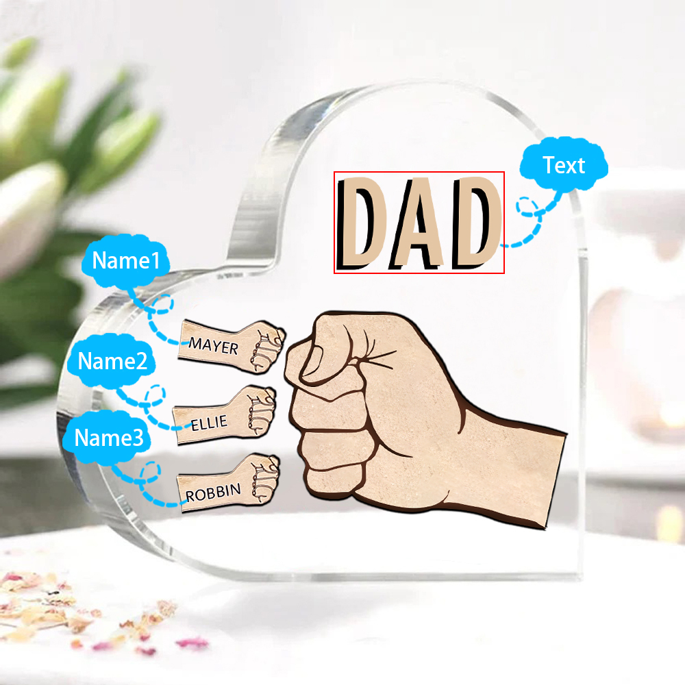 Personalisierte 3 Namen & Text Acryl-Deko mit Faust Herz Schreibtischdekoration für Vater/Großvater