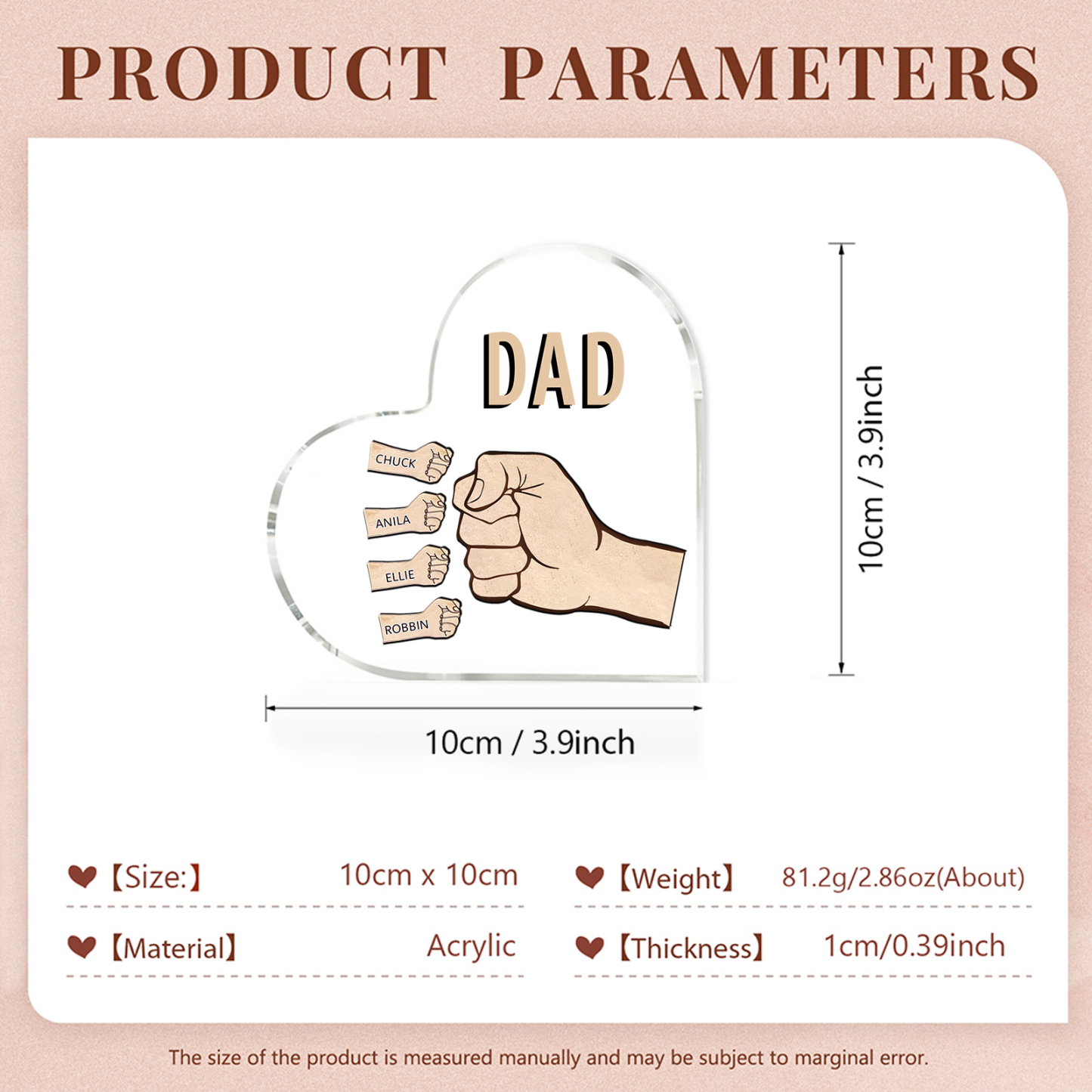 Personalisierte 4 Namen & Text Acryl-Deko mit Faust Herz Schreibtischdekoration für Vater/Großvater
