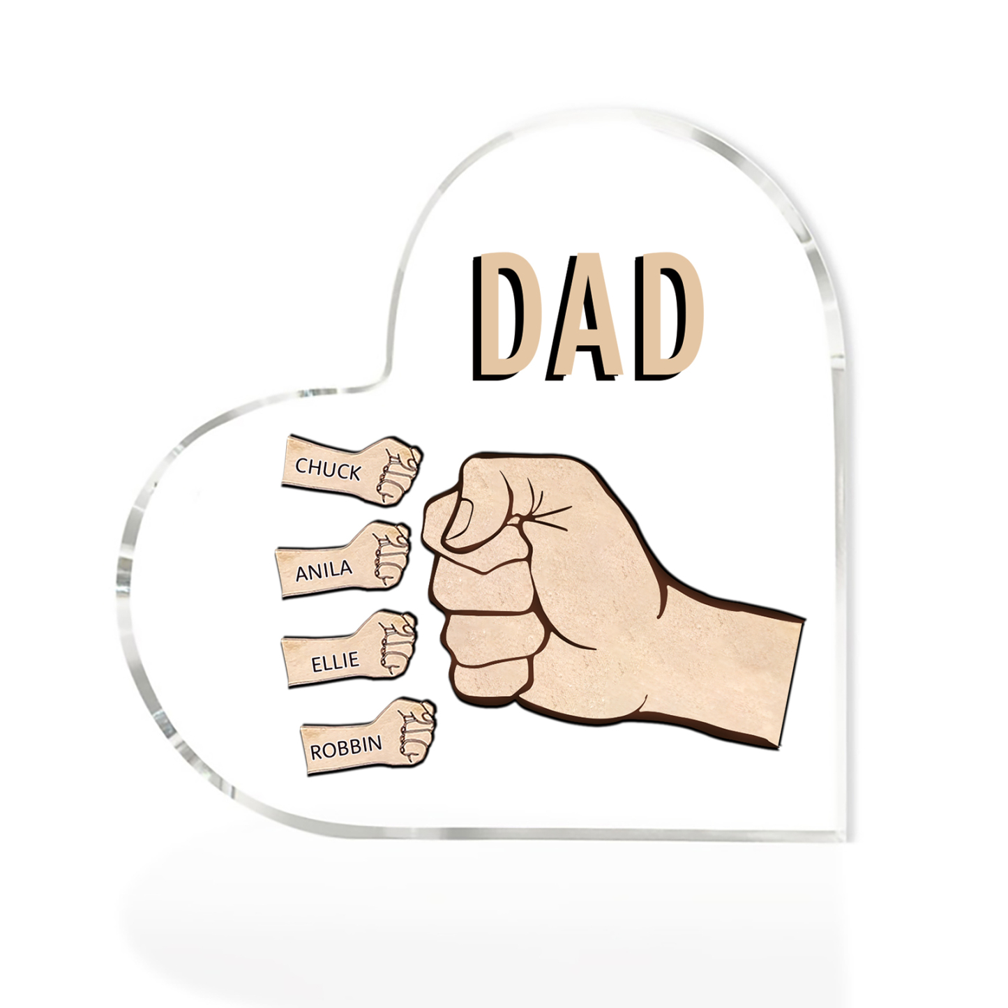 Personalisierte 4 Namen & Text Acryl-Deko mit Faust Herz Schreibtischdekoration für Vater/Großvater
