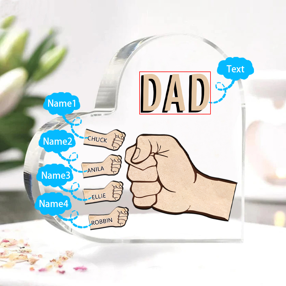 Personalisierte 4 Namen & Text Acryl-Deko mit Faust Herz Schreibtischdekoration für Vater/Großvater