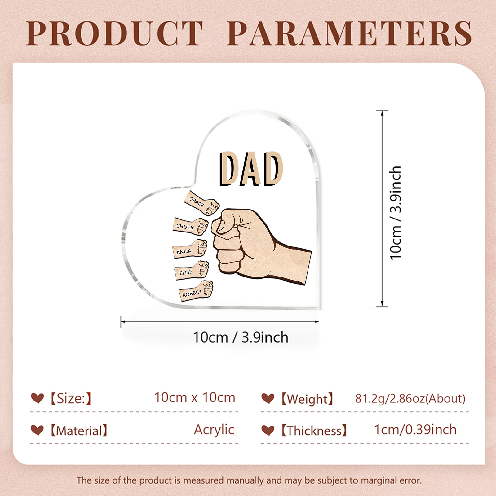 Personalisierte 5 Namen & Text Acryl-Deko mit Faust Herz Schreibtischdekoration für Vater/Großvater