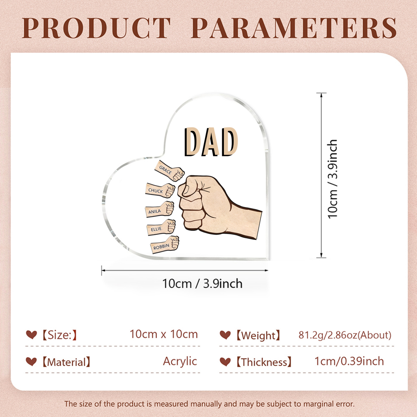 Personalisierte 5 Namen & Text Acryl-Deko mit Faust Herz Schreibtischdekoration für Vater/Großvater