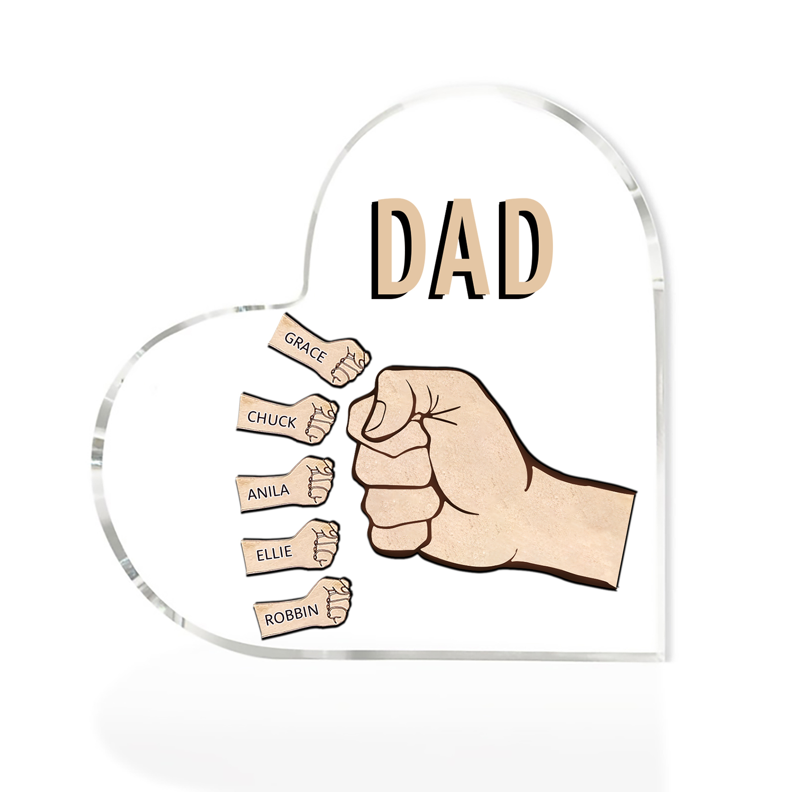 Personalisierte 5 Namen & Text Acryl-Deko mit Faust Herz Schreibtischdekoration für Vater/Großvater