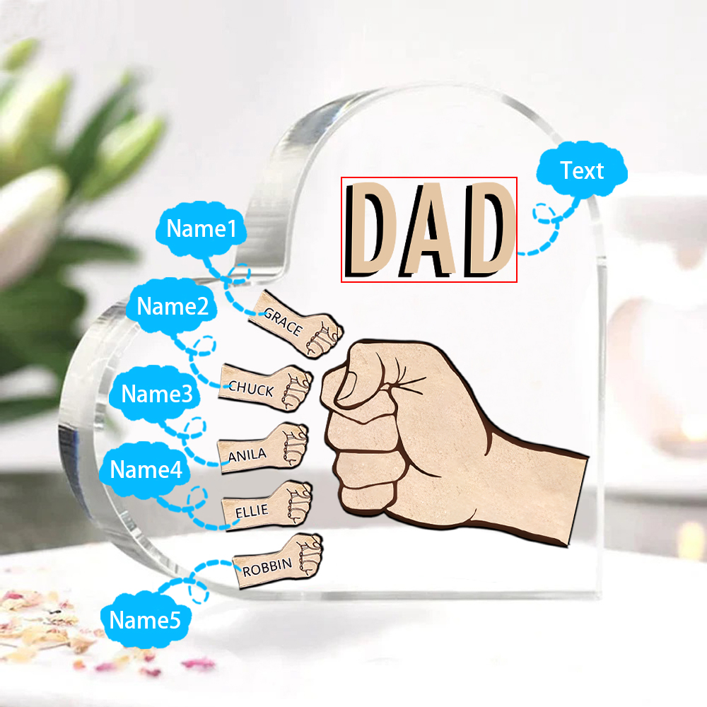 Personalisierte 5 Namen & Text Acryl-Deko mit Faust Herz Schreibtischdekoration für Vater/Großvater