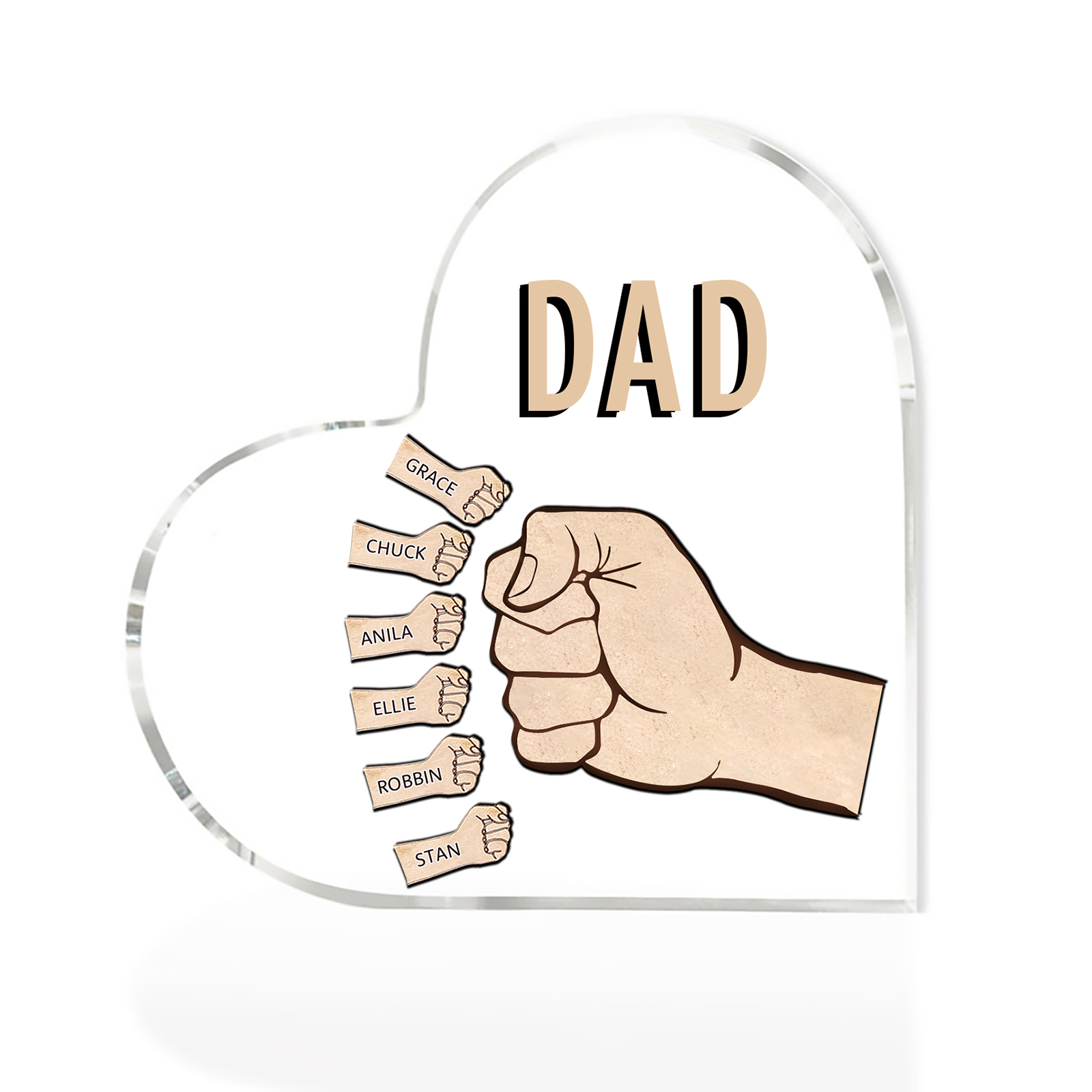 Personalisierte 6 Namen & Text Acryl-Deko mit Faust Herz Schreibtischdekoration für Vater/Großvater