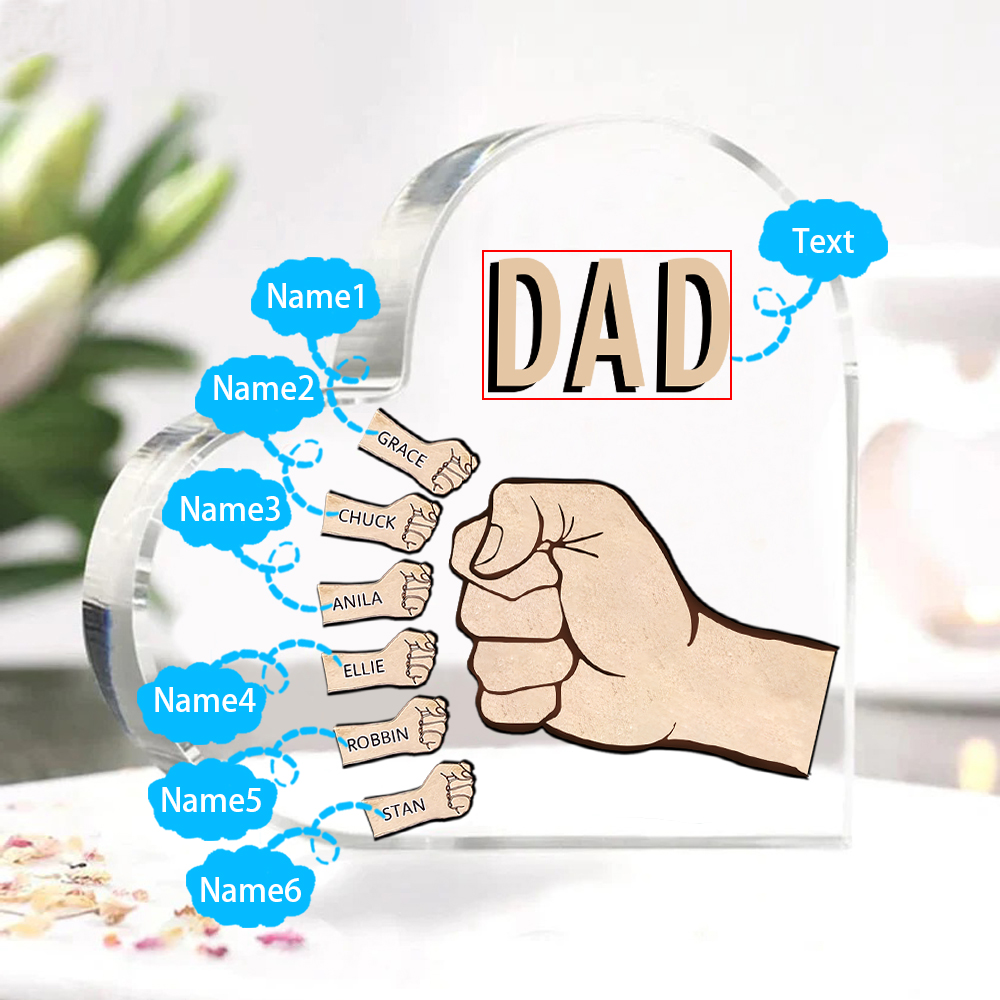 Personalisierte 6 Namen & Text Acryl-Deko mit Faust Herz Schreibtischdekoration für Vater/Großvater
