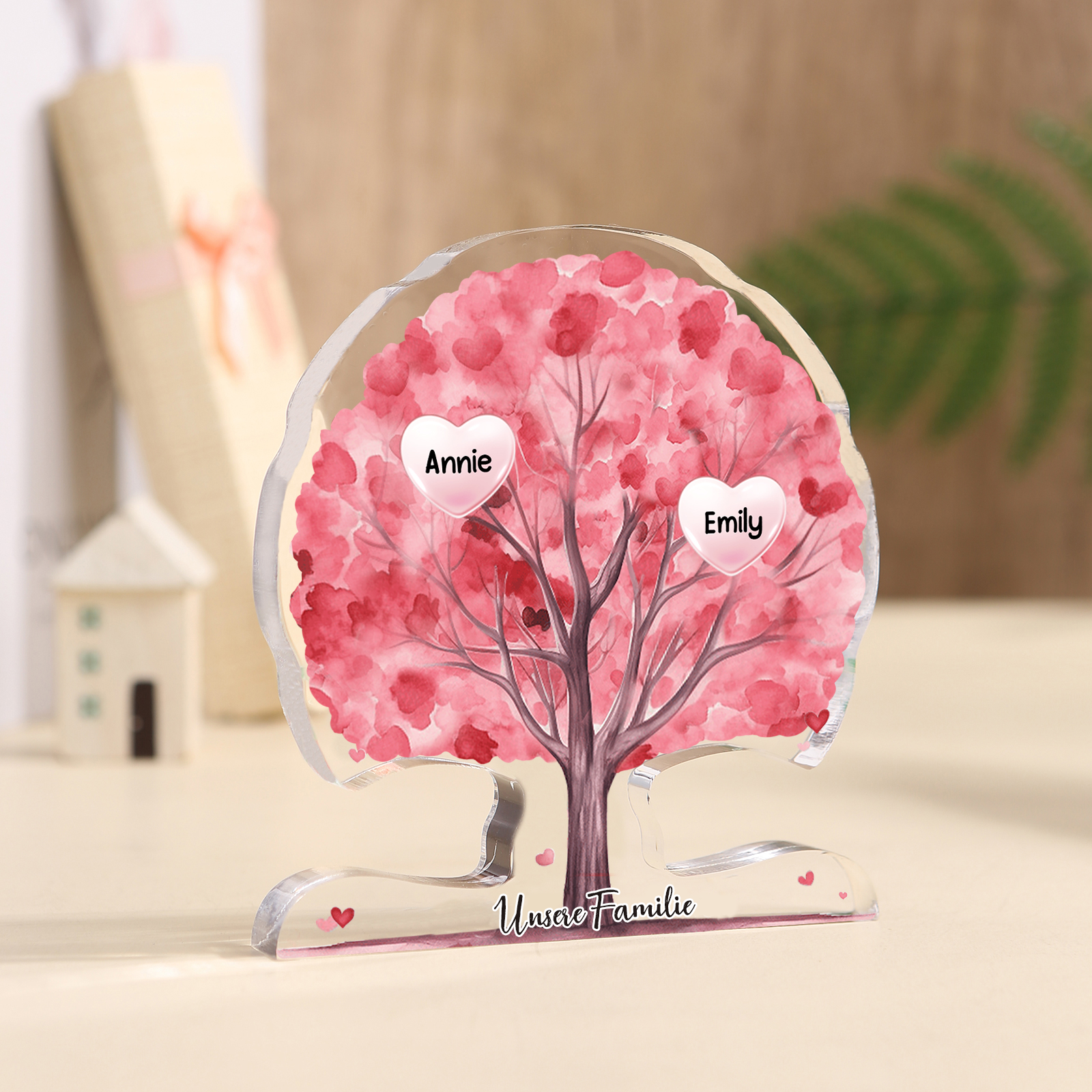 Personalisierte Acryl-Deko – Baum mit 2 Namen & Wunschtext – Herzliche Schreibtischdekoration für Familie