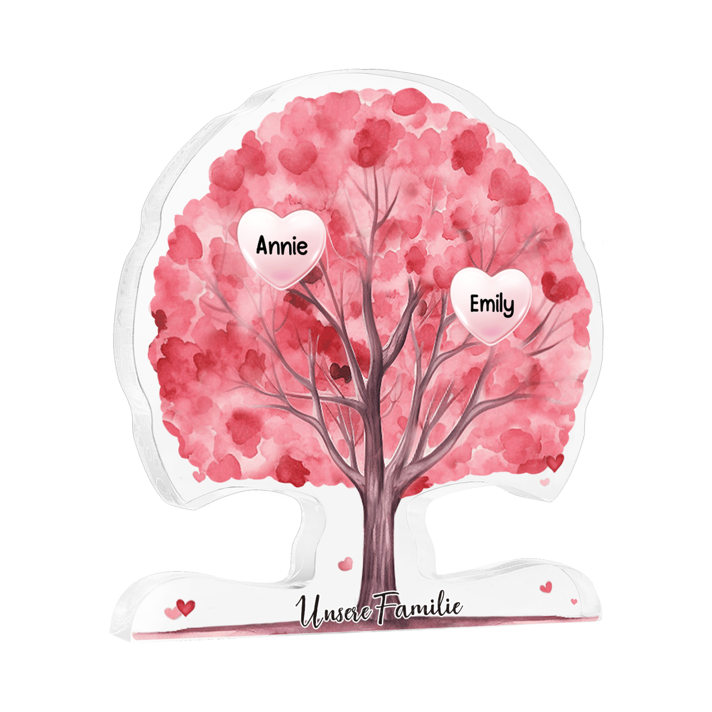 Personalisierte Acryl-Deko – Baum mit 2 Namen & Wunschtext – Herzliche Schreibtischdekoration für Familie