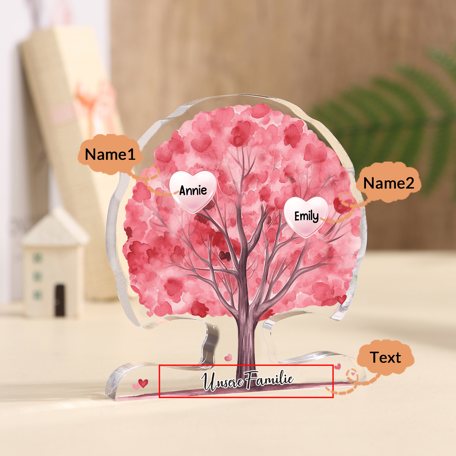 Personalisierte Acryl-Deko – Baum mit 2 Namen & Wunschtext – Herzliche Schreibtischdekoration für Familie