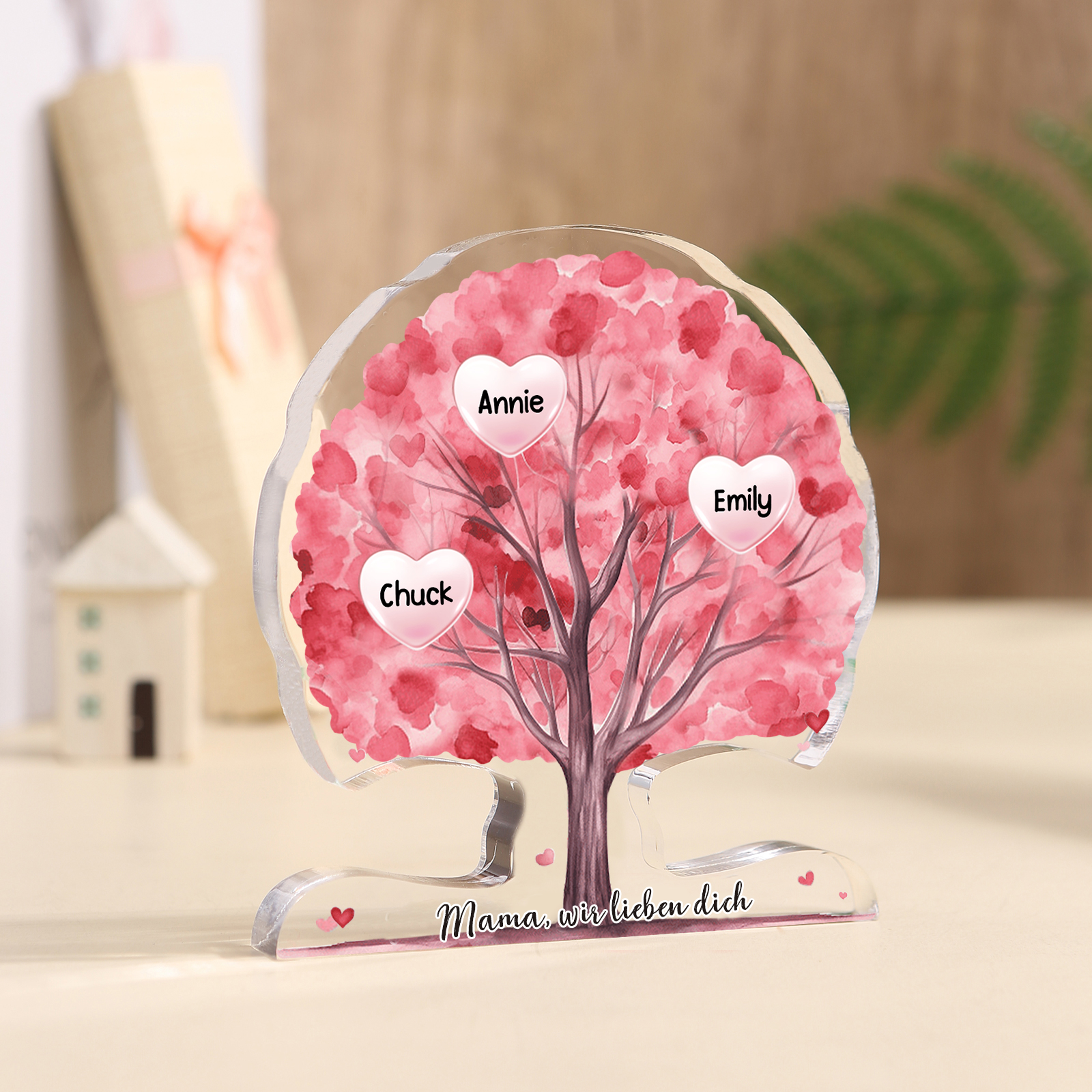 Personalisierte Acryl-Deko – Baum mit 3 Namen & Wunschtext – Herzliche Schreibtischdekoration für Familie
