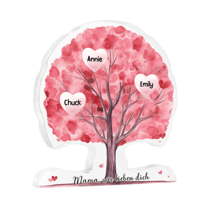 Personalisierte Acryl-Deko – Baum mit 3 Namen & Wunschtext – Herzliche Schreibtischdekoration für Familie