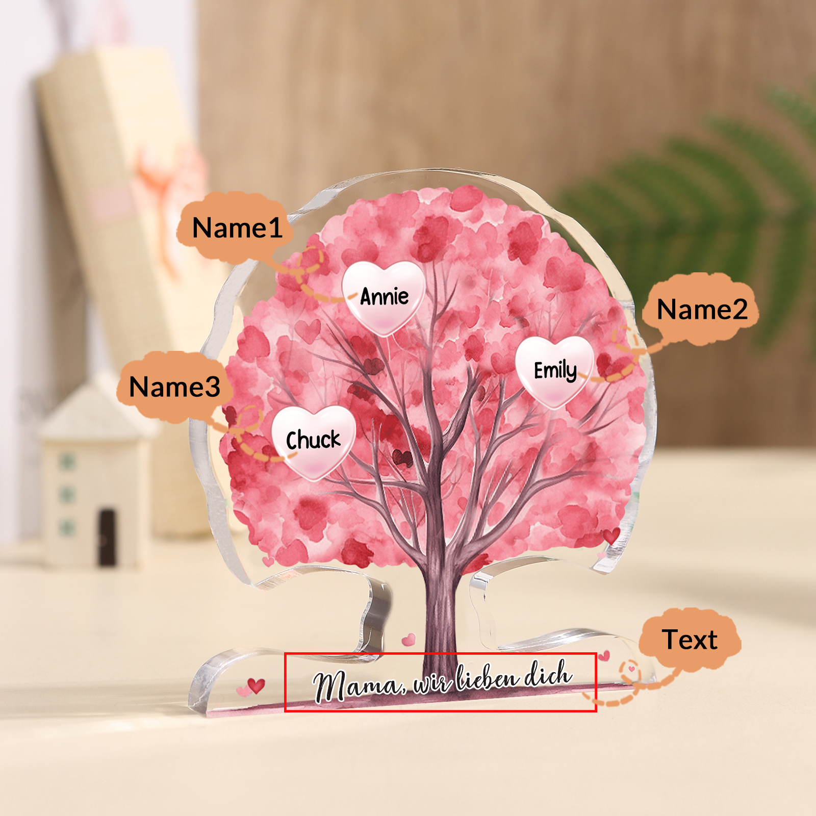 Personalisierte Acryl-Deko – Baum mit 3 Namen & Wunschtext – Herzliche Schreibtischdekoration für Familie