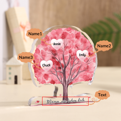Personalisierte Acryl-Deko – Baum mit 3 Namen & Wunschtext – Herzliche Schreibtischdekoration für Familie